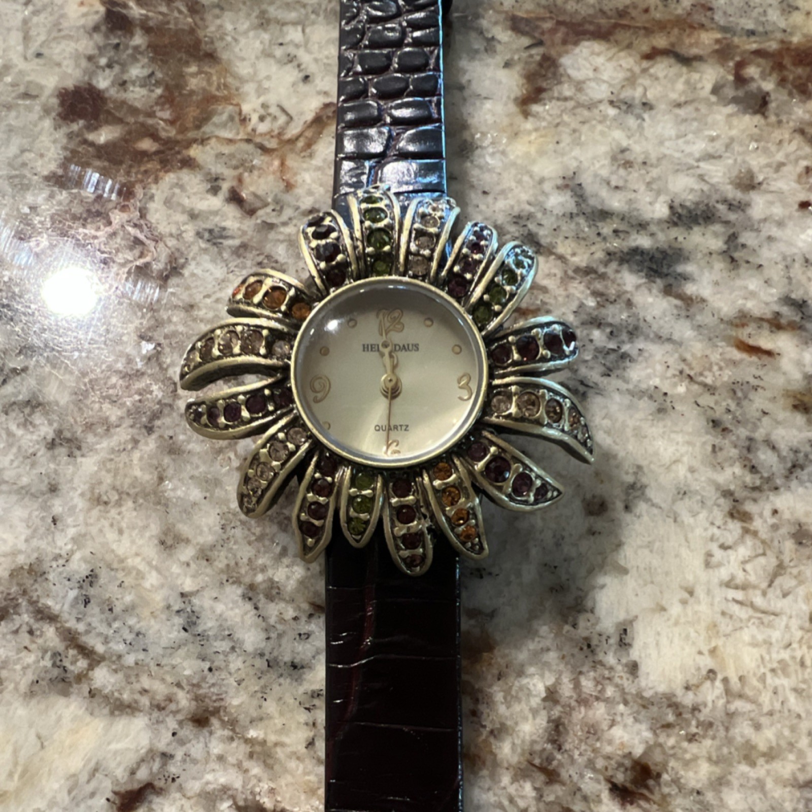 Heidi Daus Women’s Gemmed Floral Quartz Wristwatch Brown Leather Gold Case