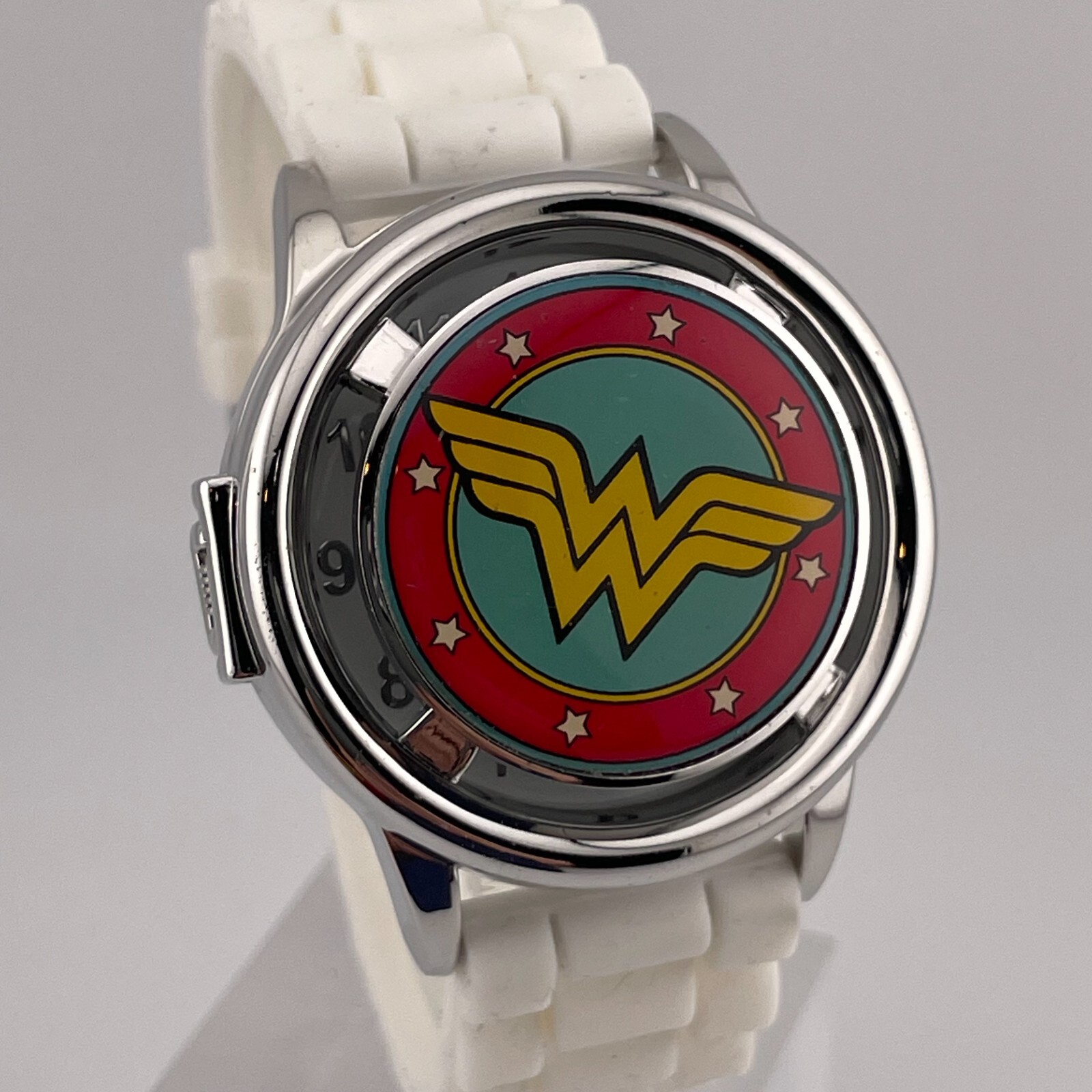 Wonder Woman Watch Womens Flip Up DC Comics 40mm Case White Rubber Band In Box