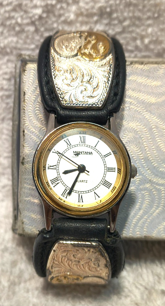 Montana Silversmiths Watch Half Gold Silver Heart Black Leather New Bat Works !