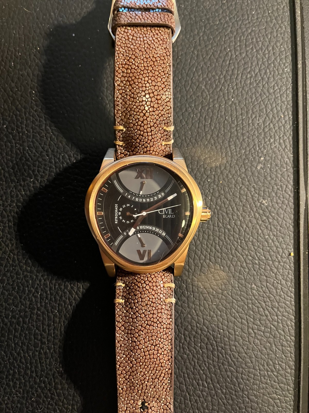 Egard Civil mens’ watch with stingray leather band; bought secondhand