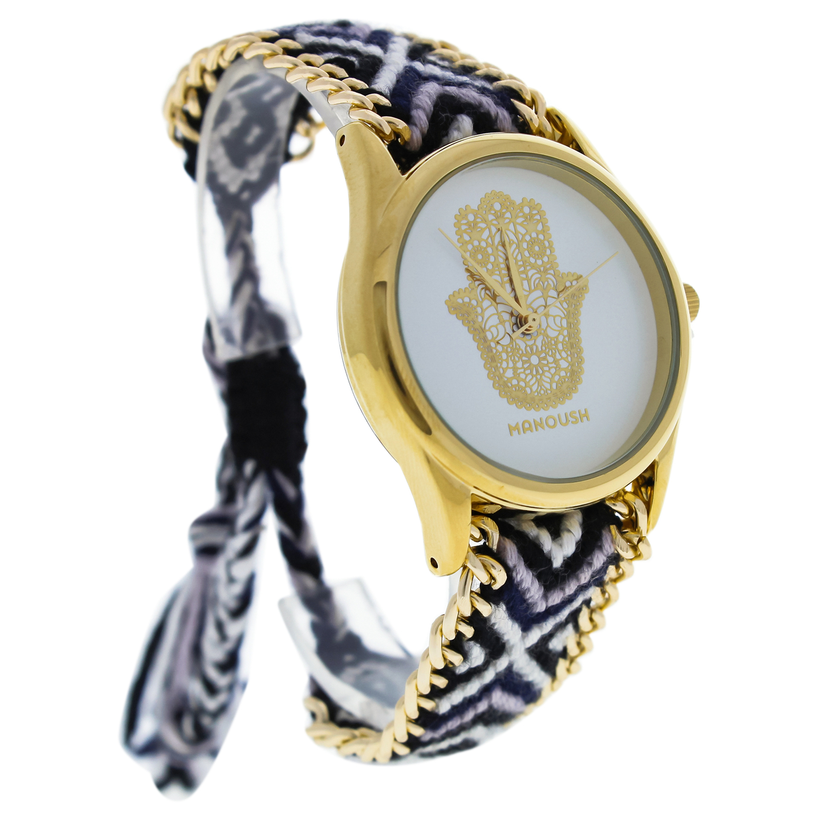 MSHHIWH Hindi Hand – Gold/Black Nylon Strap Watch by Manoush for Women – 1 Pc
