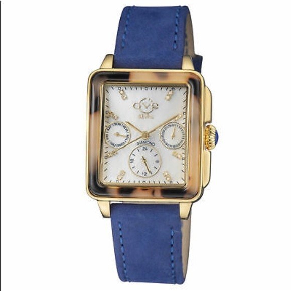 Gv2 By Gevril Women’s 9226 Bari Tortoise Diamond Blue Suede Leather Swiss Watch