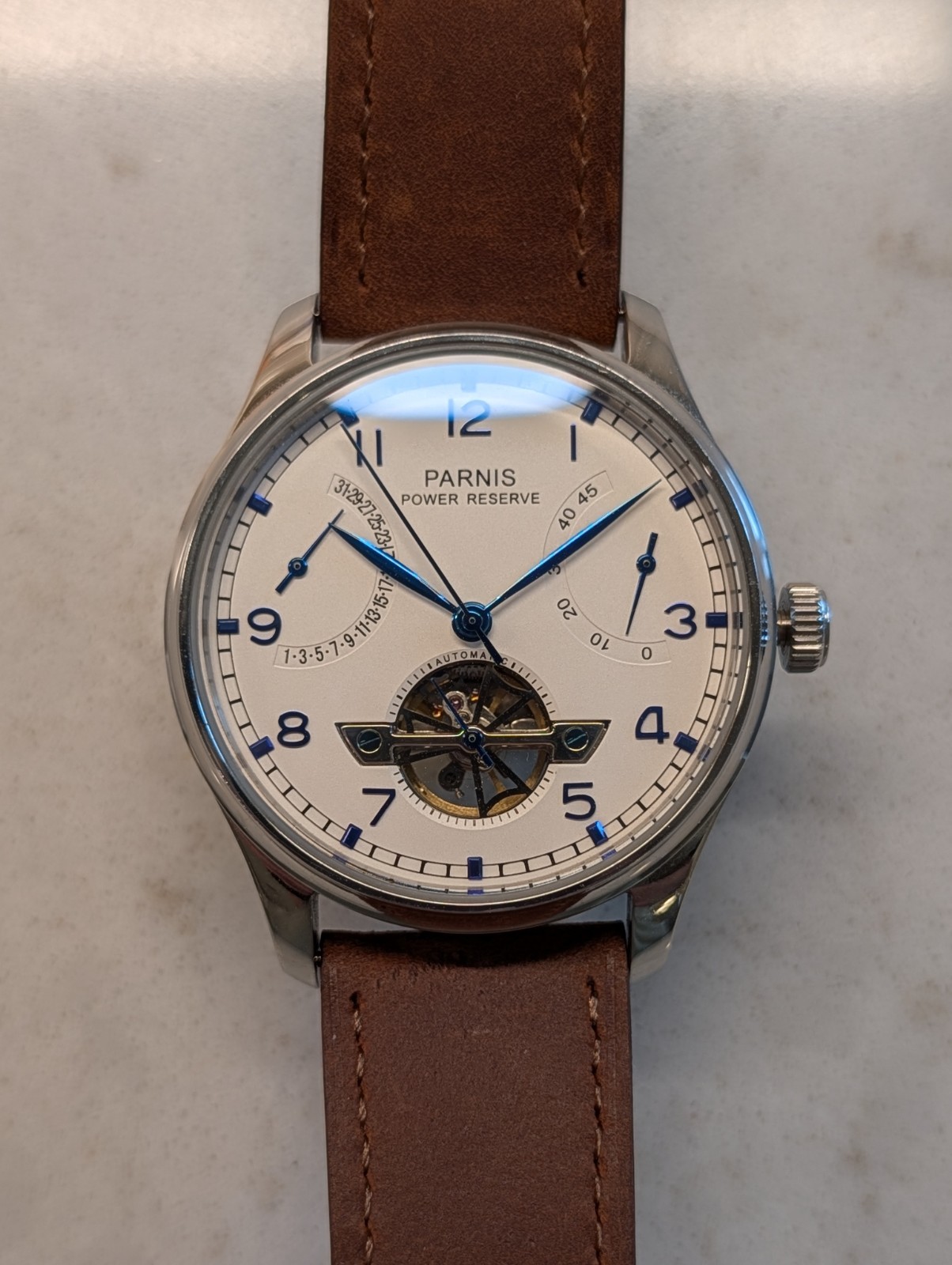 PARNIS 2530 Power Reserve Movement 43mm Men’s Automatic Watch White Dial