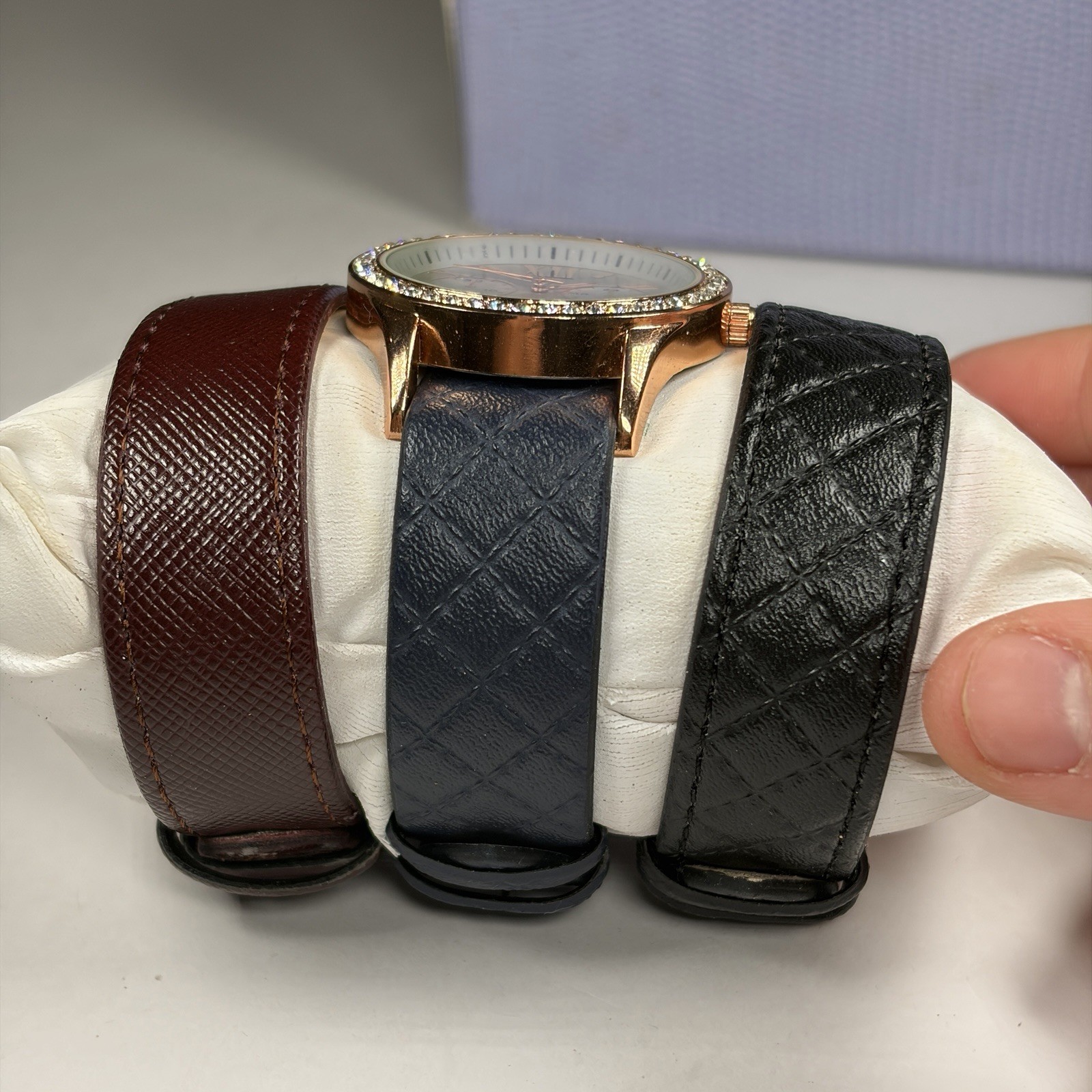 Jaclyn Smith Watch Gift Set Rose Gold Rhinestone 3 Interchangeable Straps