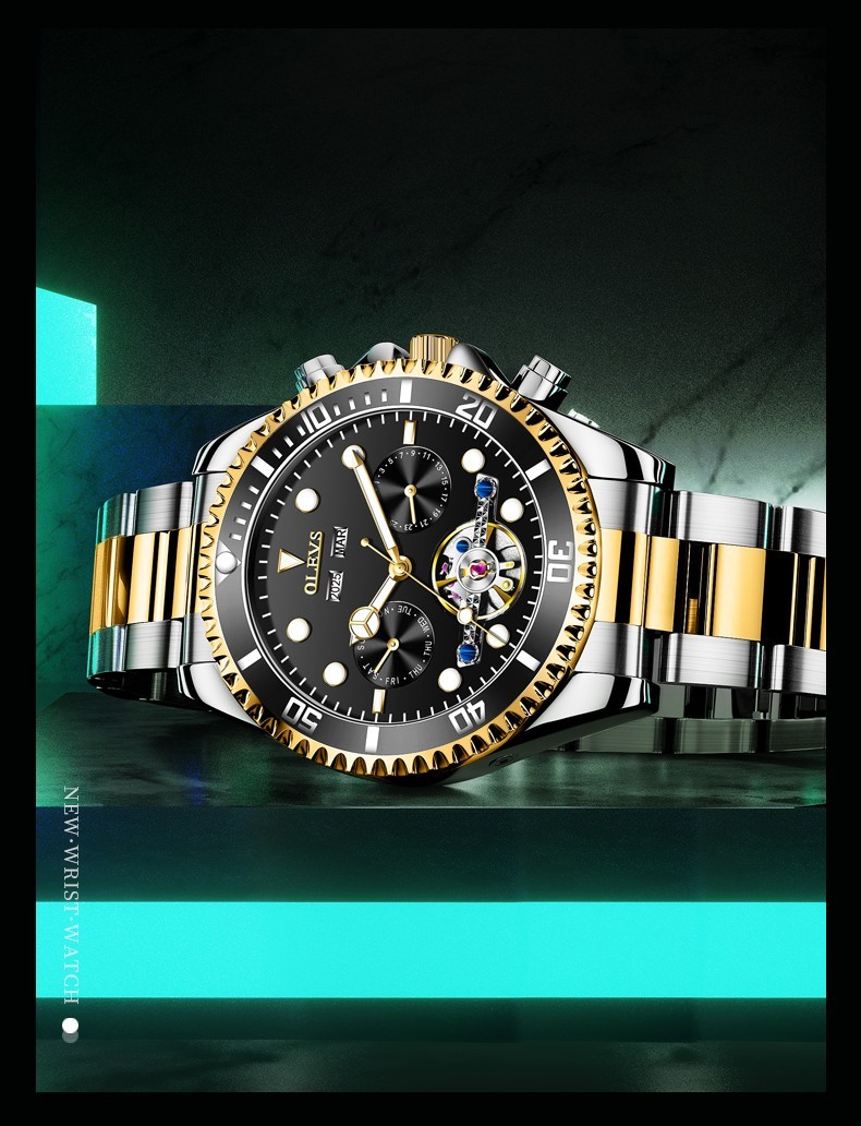 OLEVS 6605 Big Dial Skeleton Hollow Date Week Gents Business Automatic Watch