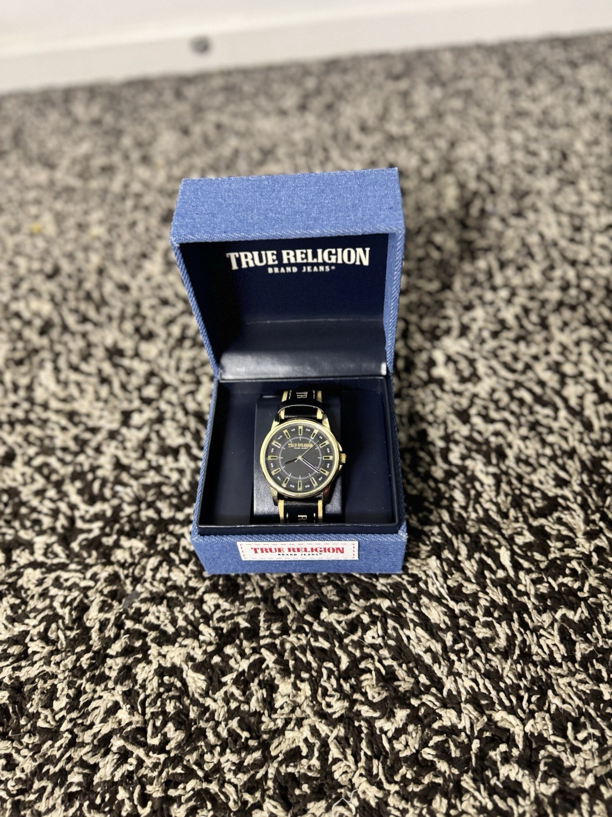 True Religion Brand Jeans Men’s Quartz Analog Watch Black Dial Gold Case Leather