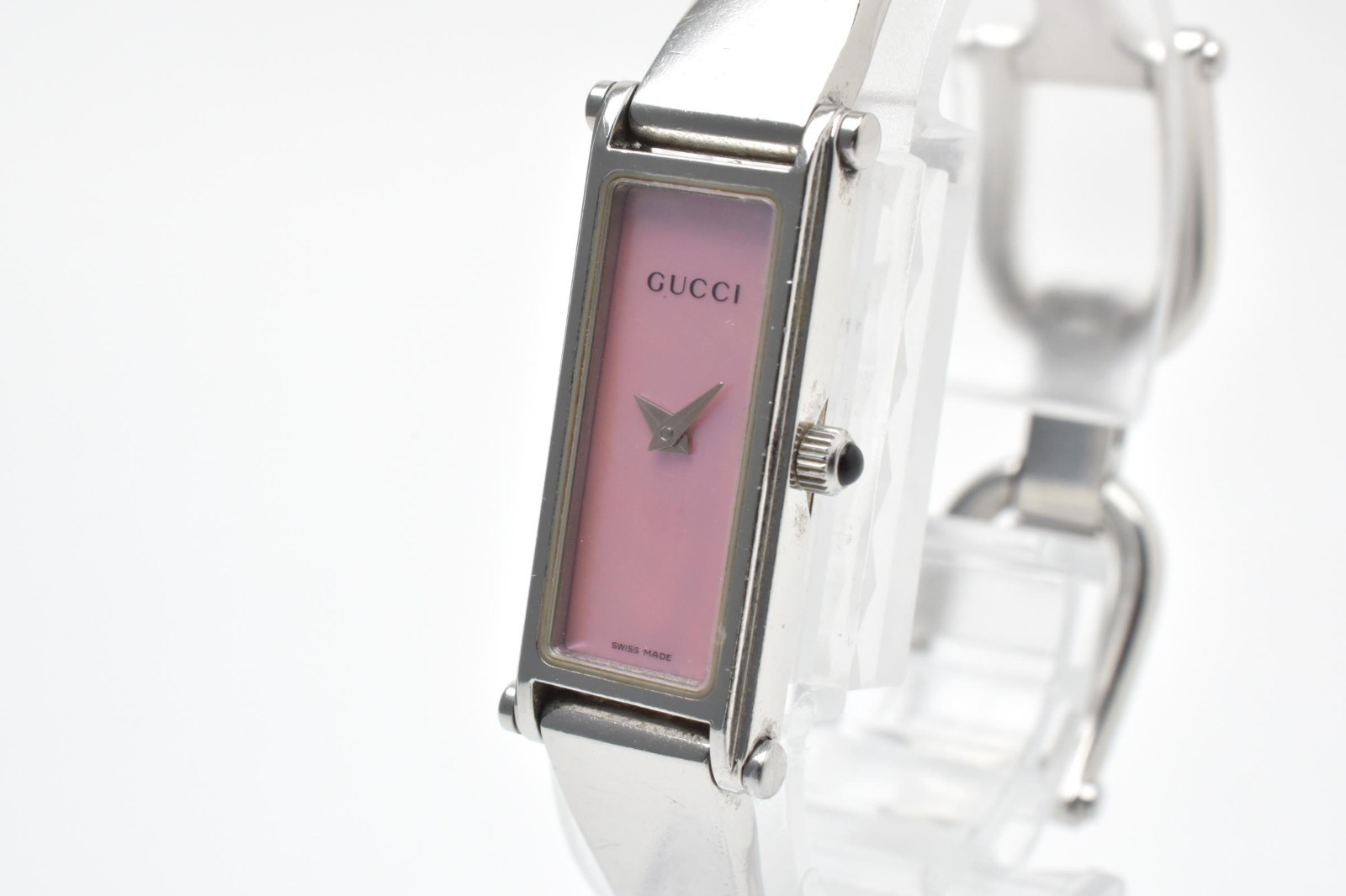 GUCCI 1500L Quartz Women’s Rectangular Bangle Wristwatch Pink Dial Steel 12mm