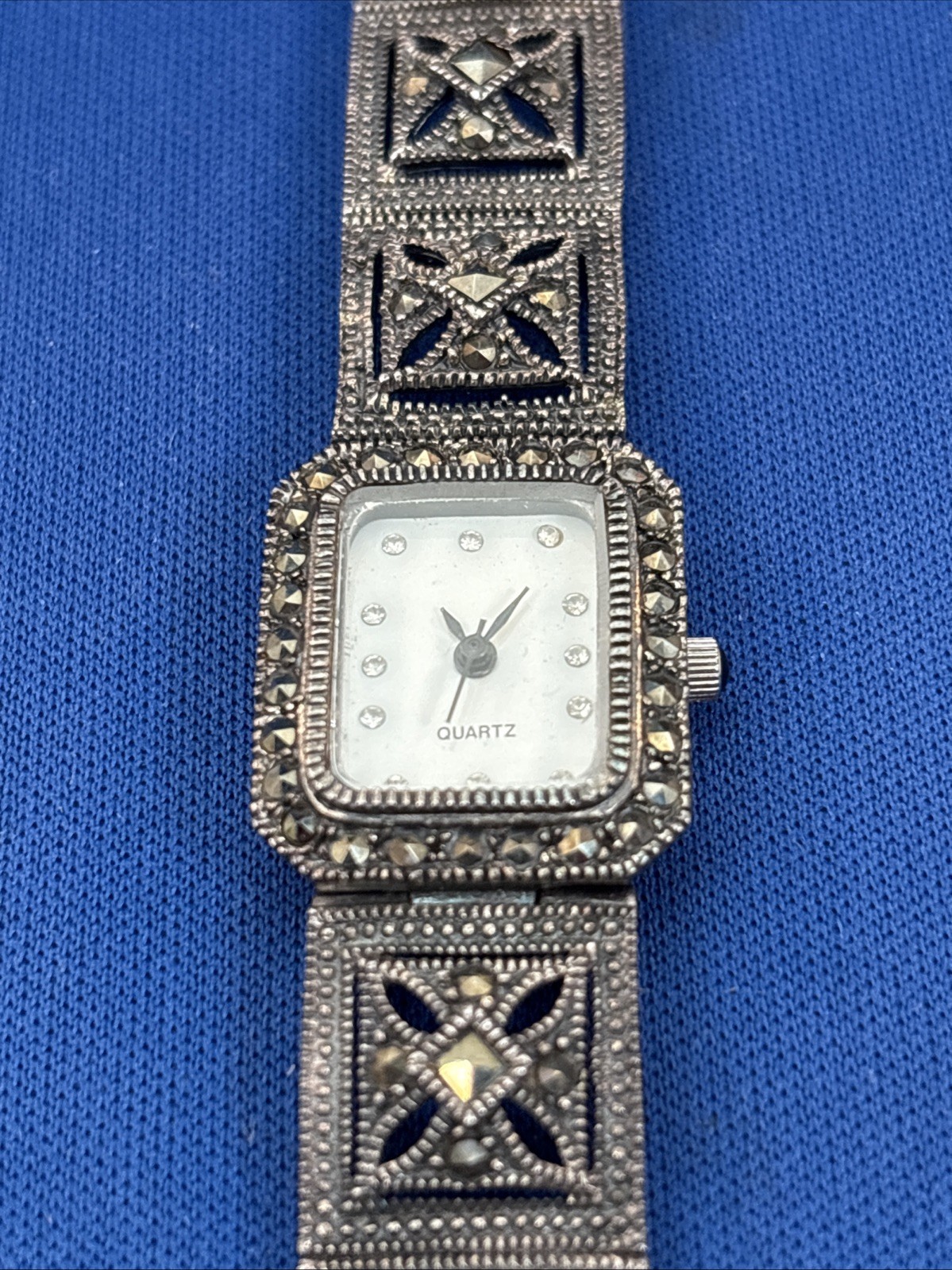 Marcasite, Black Onyx & MOP Sterling Silver Japan Quartz Watch – Untested