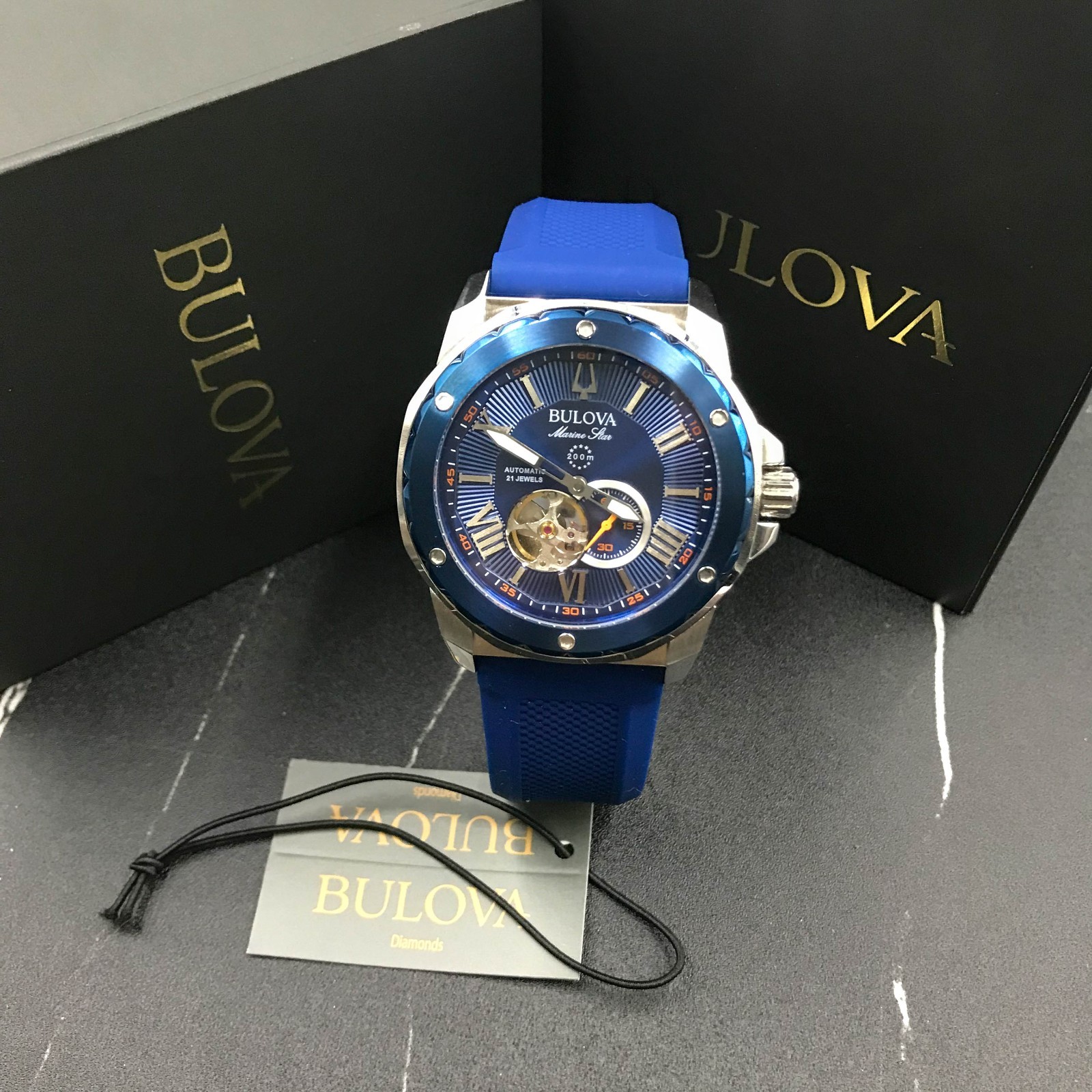 Bulova 98A303 Marine Star A 45mm Automatic Men’s Watches-Blue Dial Rubber Strap