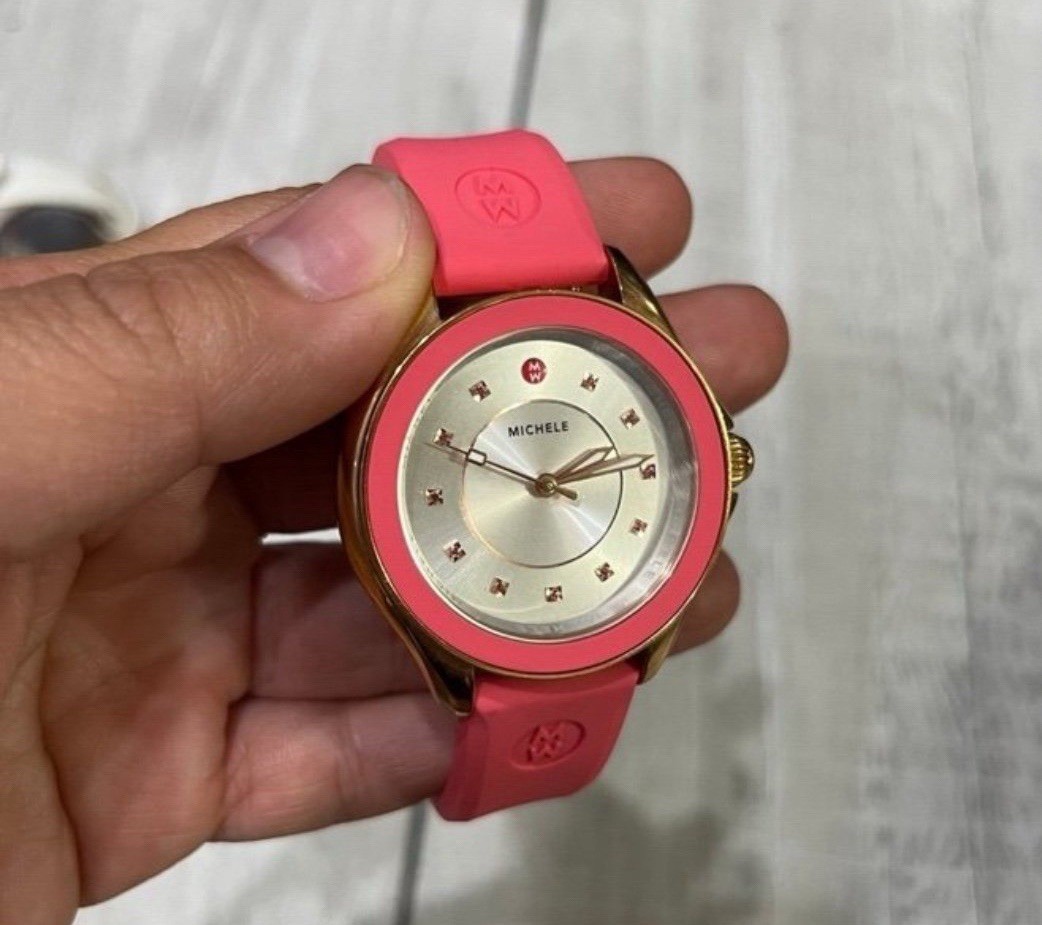 Michele Watch cape Pink Topaz Rose Goldtone Stainless Steel Silicone Strap .