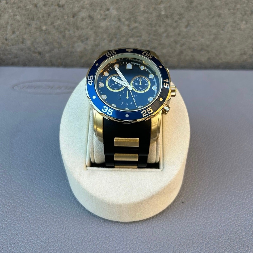 Men’s Pro Diver Chronograph Watch Blue Bezel Gold Tone Black Silicone Strap