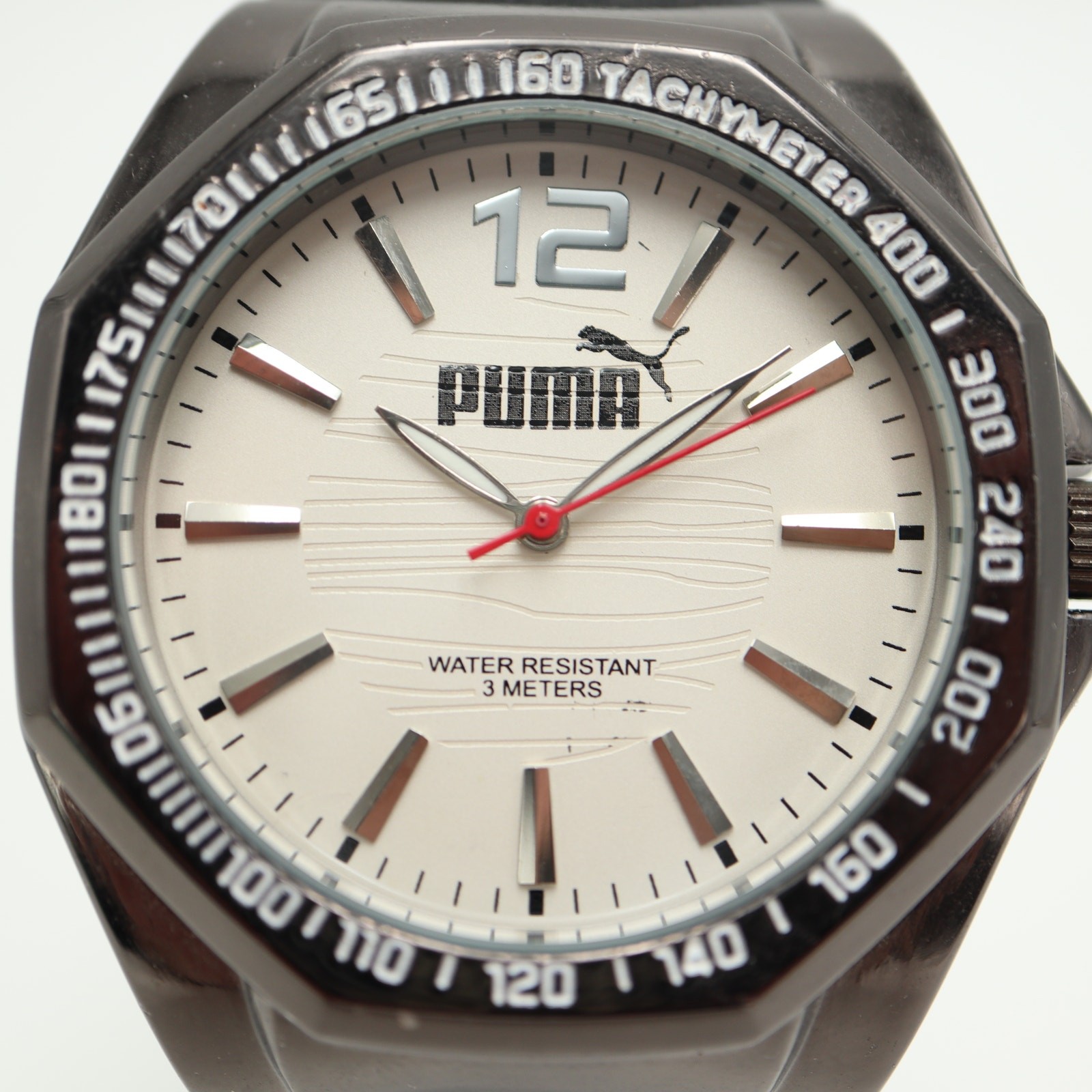 Puma Men’s Black Sport Analog 44mm Watch White Dial Silicone Strap w New Battery