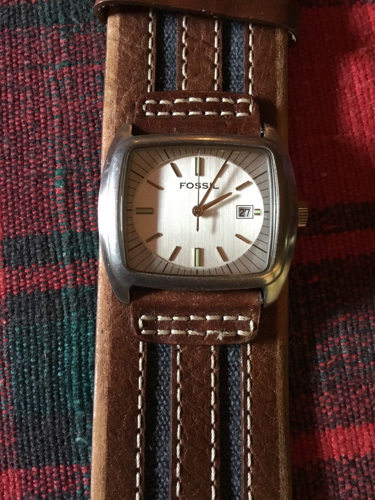 Mens Fossil Leather Cuff Watch Date Window, New Battery Model JR 8465