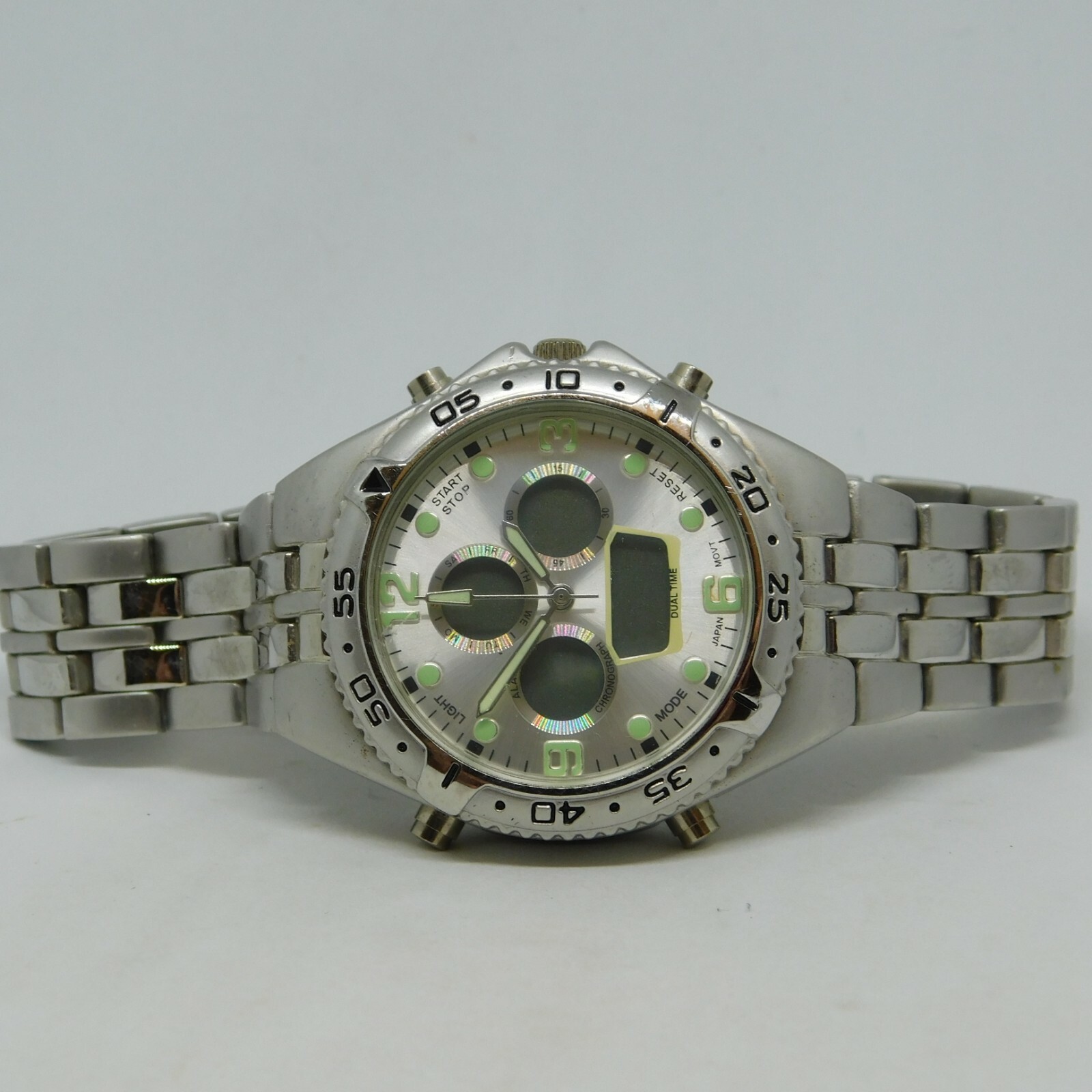 Silver Tone Dual Time Chronograph Quartz Analog Men’s Fashion Watch Sz. 8″