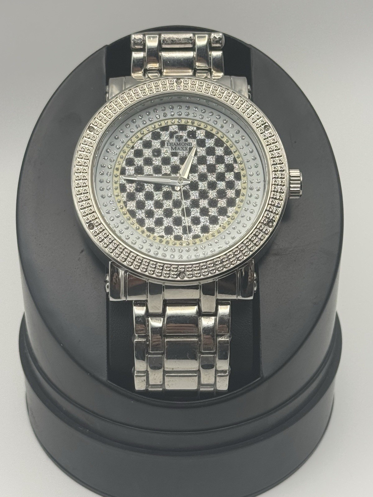 Diamond Maxx Quartz Silver Tone Stainless Steel 44mm Checkerboard Dial Watch
