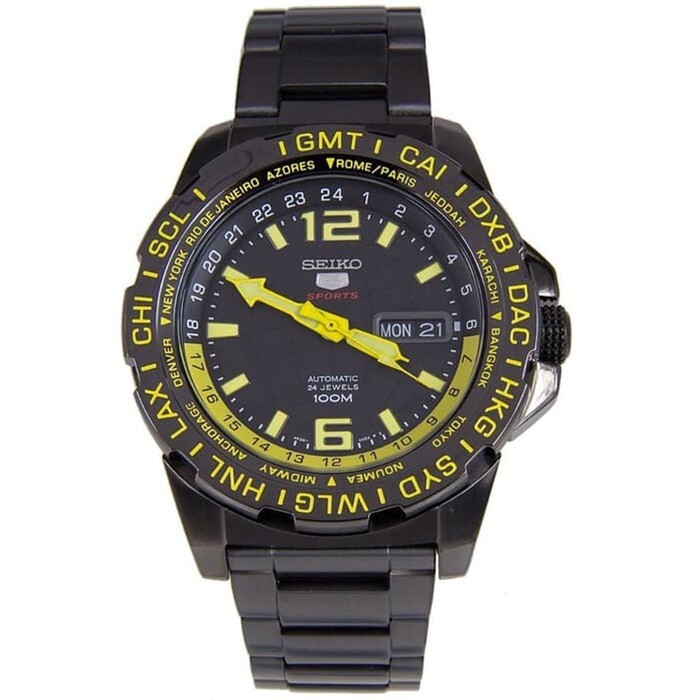 SEIKO 5 Sports SRP689K1 GMT Automatic 4R36 Watch World Time Steel IP Black NOS