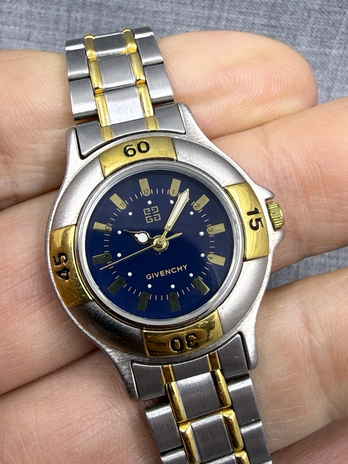 Vintage Givenchy Stainless Two Tone Dark Blue Dial Quartz 27mm Watch
