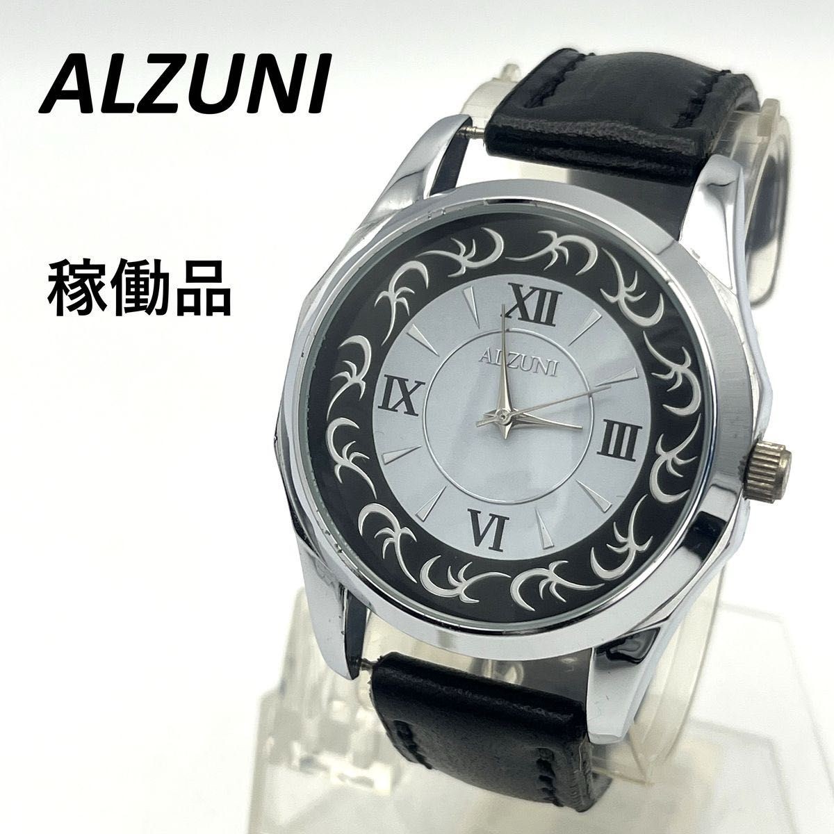 Working ALZUNI wristwatch quartz silver leather belt men’s watch black leather