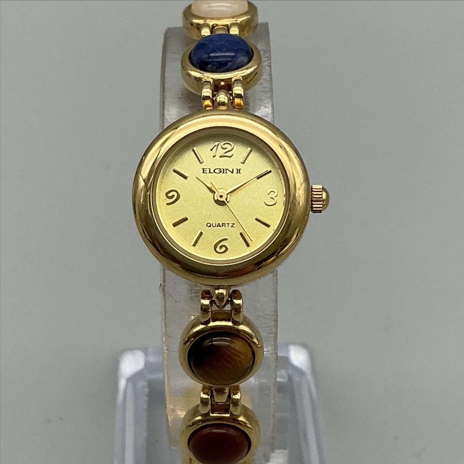 Elgin II Women Watch 22mm Gold Tone Multi colored Stoned Band New Battery 7″
