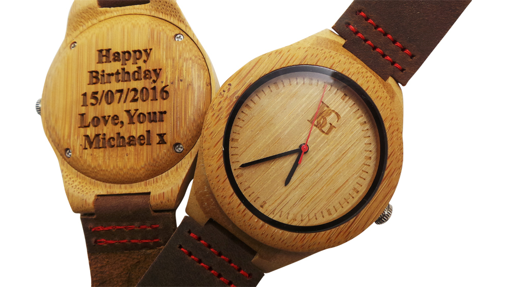 Engraved Wooden Watch Personalised Leather Luxury Unisex Gents Ladies Wood Box