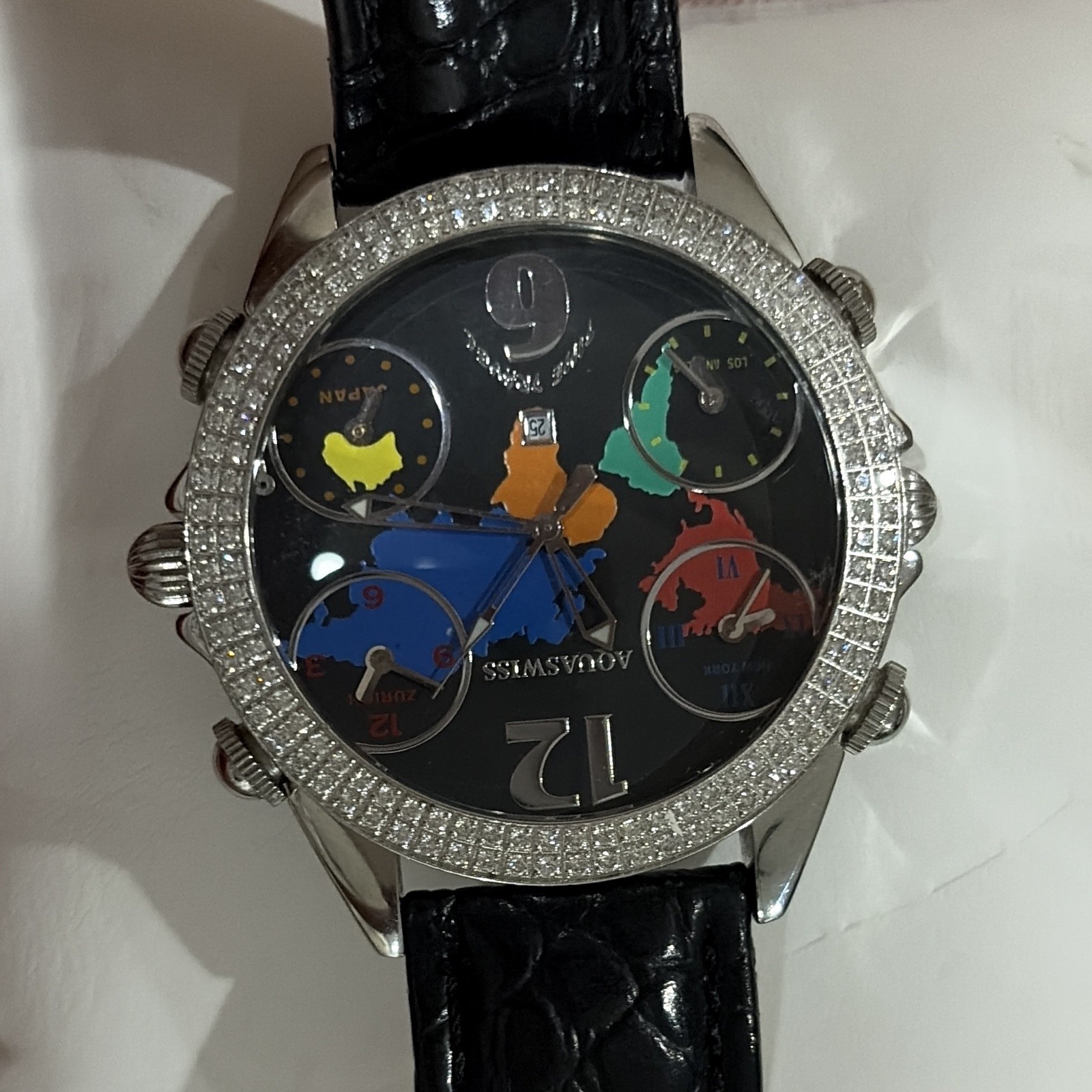 Aquaswiss Time Traveller Diamond Bezel duel Quartz World Map Dial Date 44-47mm