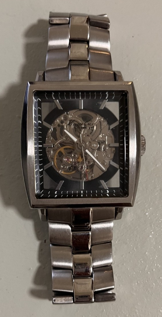 Kenneth Cole Men’s Skeleton Watch – Silver Tone Stainless Steel – Square Case