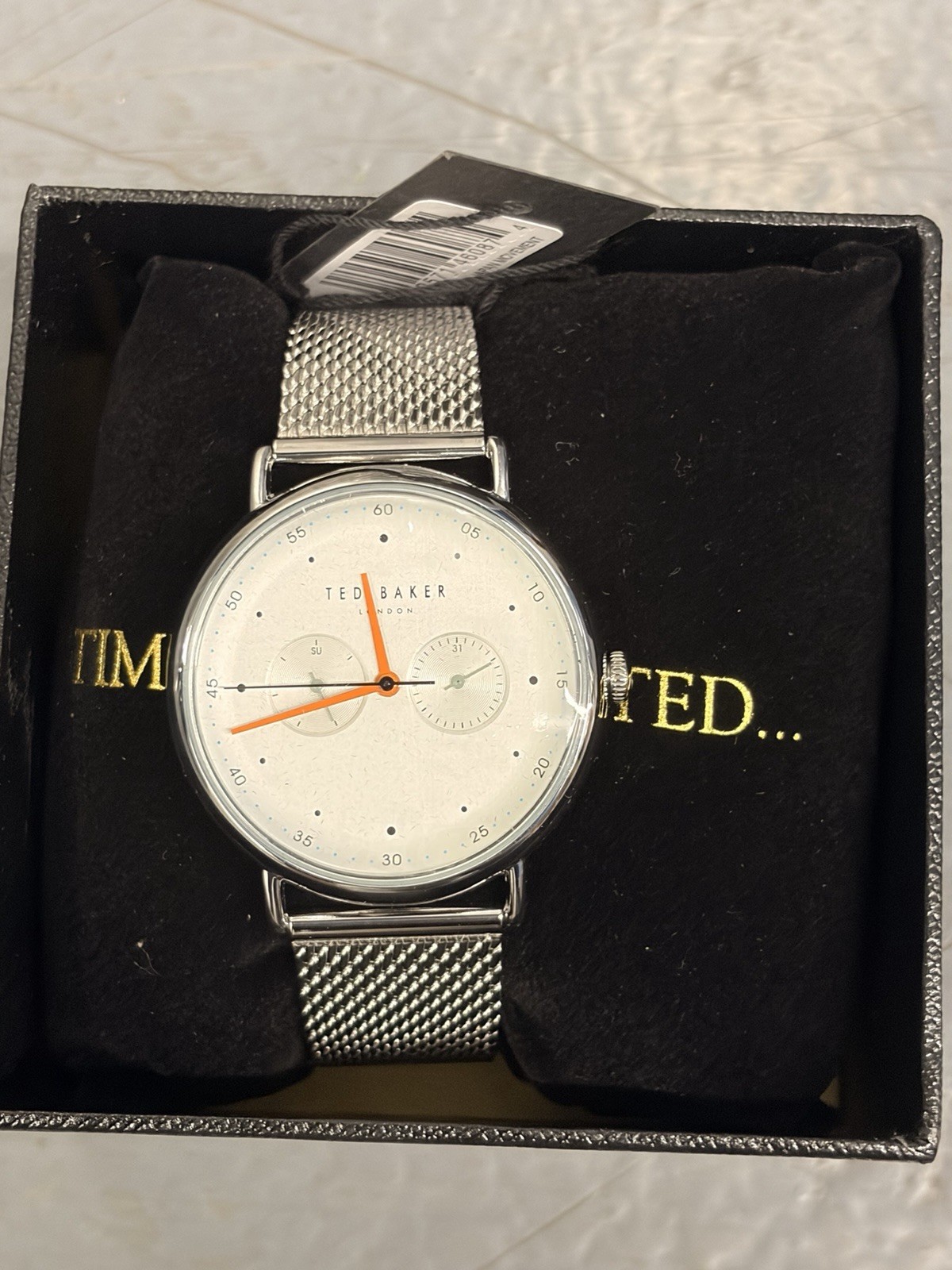 Ted Baker London Men’s Watch Silver Mesh White Dial Orange Hands – Needs Battery