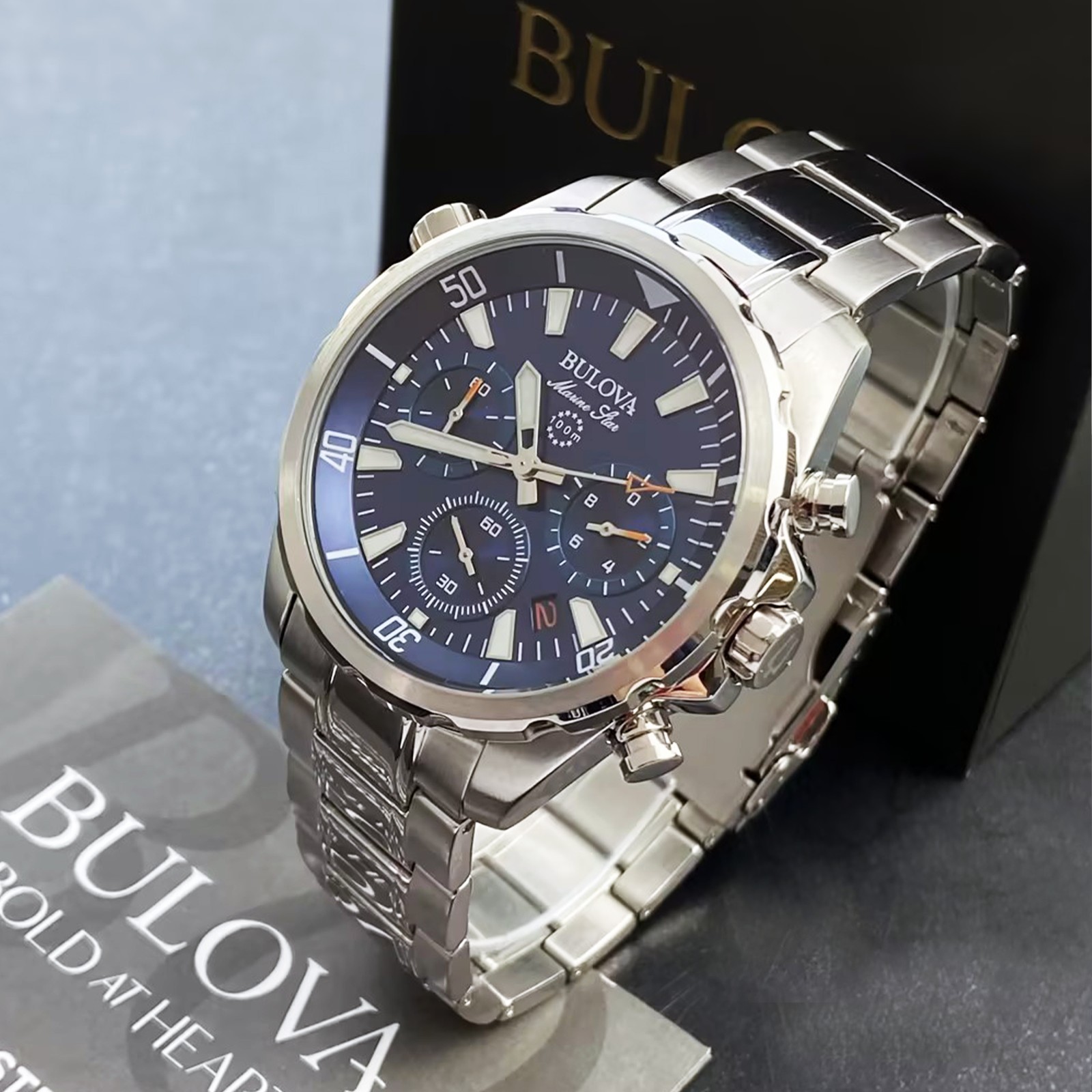 Bulova Men’s Marine Star 96B256 Blue Dial Quartz Chronograph Watch 43MM