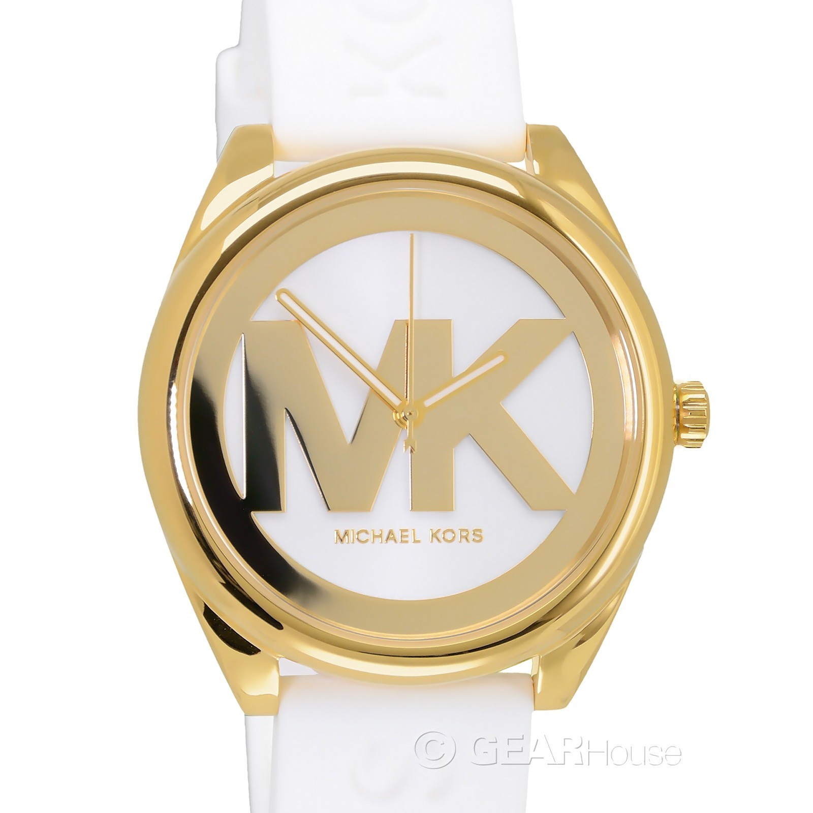 Michael Kors Womens Janelle Casual Watch, Gold MK Logo Dial, White Silicone Band