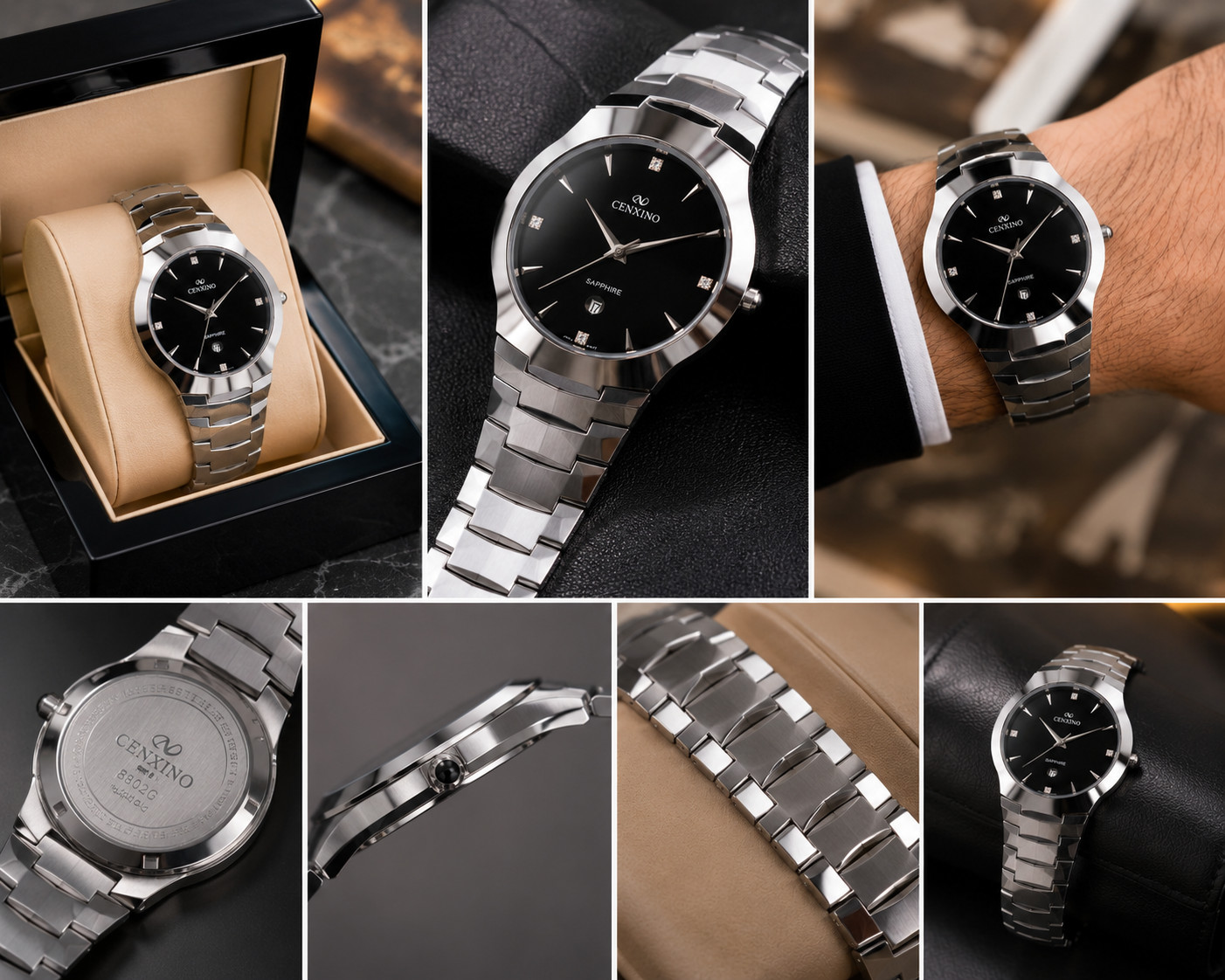 CENXINO Men’s Quartz Watch Sapphire Crystal Black Dial Stainless Steel 8802G
