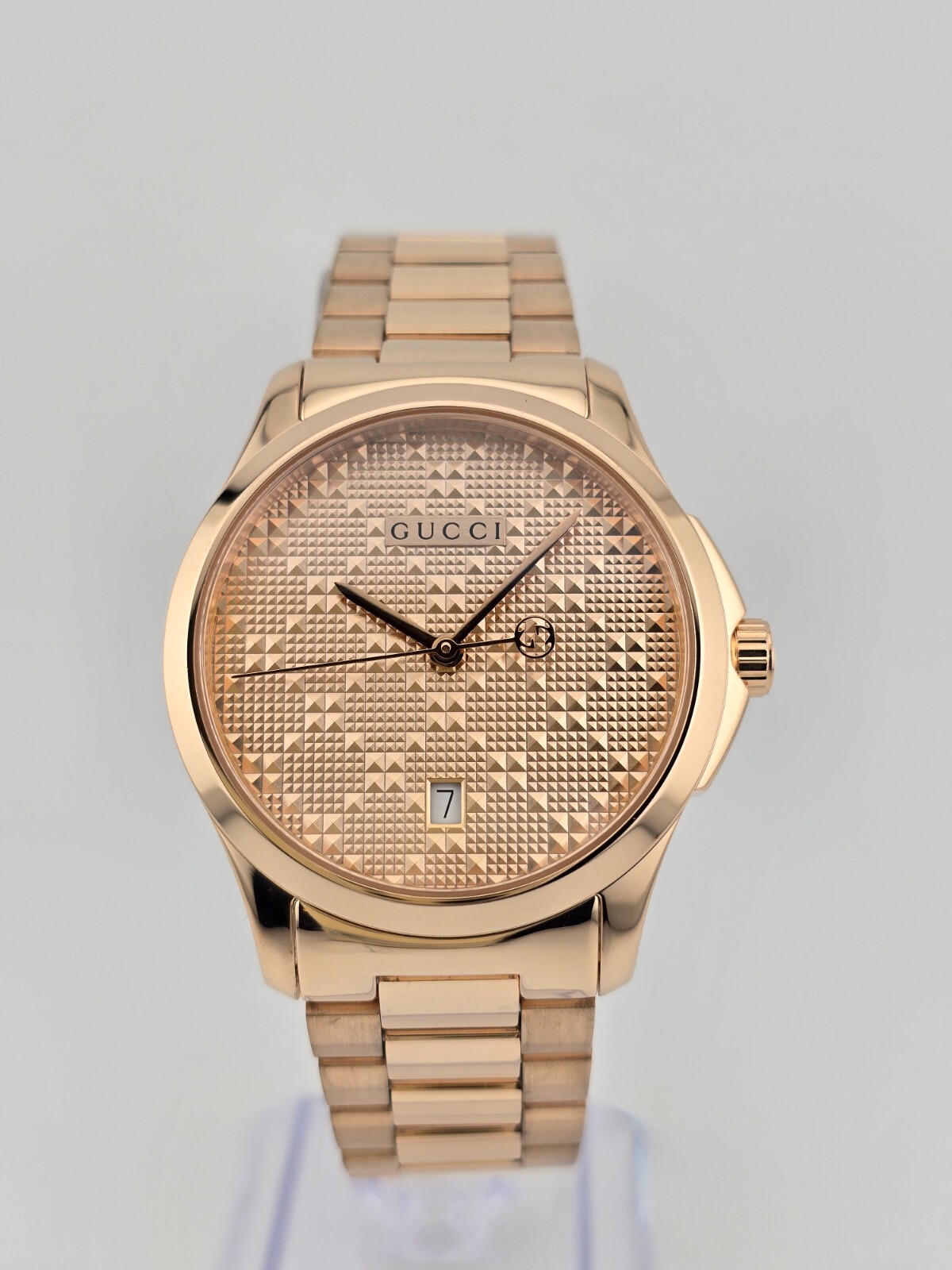 Gucci G-Timeless Stainless Steel Rose Gold Dial Watch – YA126482 ($1010 MSRP)