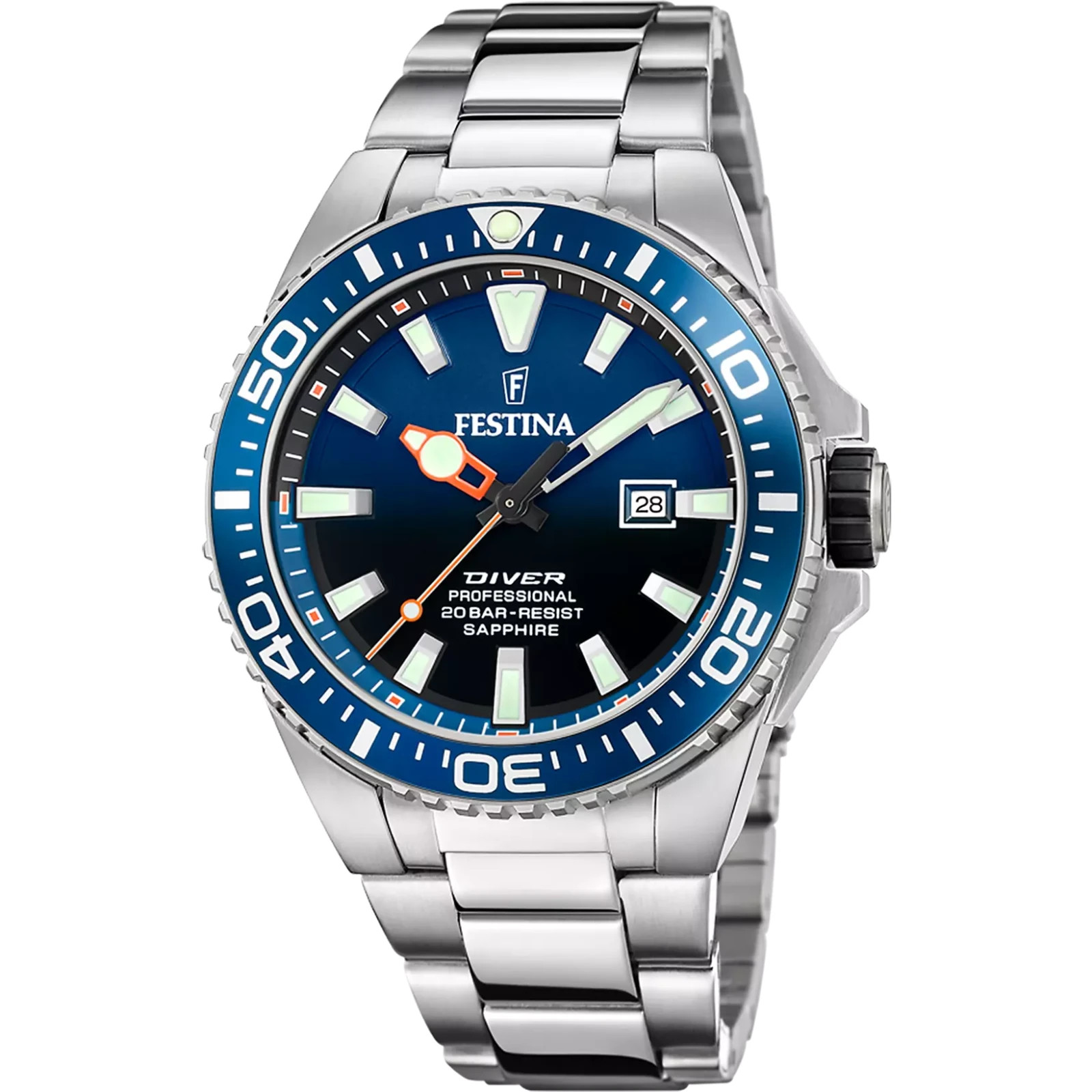 Festina F206631 Men’s Silver Stainless Steel Blue Dial Quartz Wristwatch 45.7 mm