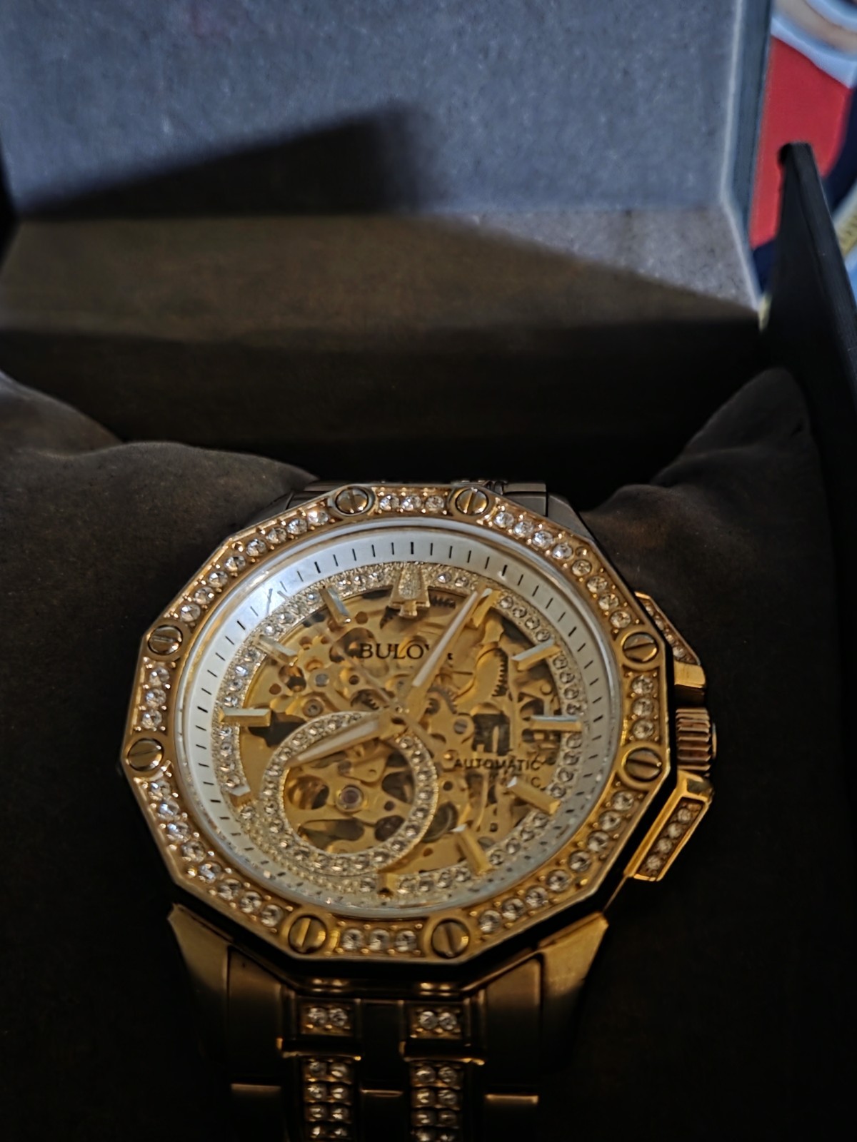 Bulova Octava Automatic Gold Tone Stainless St. Crystal Accent Men Watch 98A292