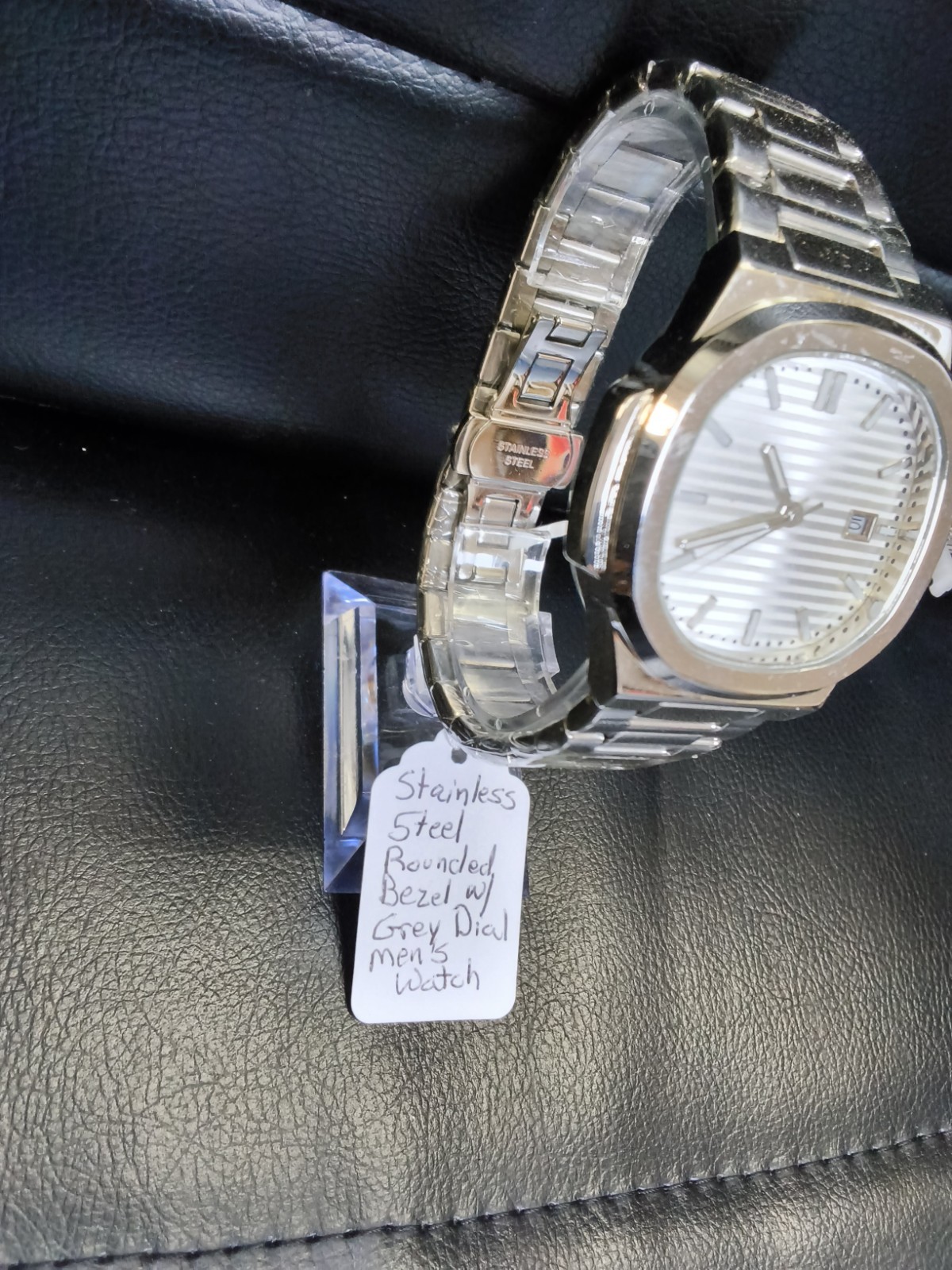 Men’s Stainless Steel Silver Watch Grey Striped Dial Date Quartz Dress…