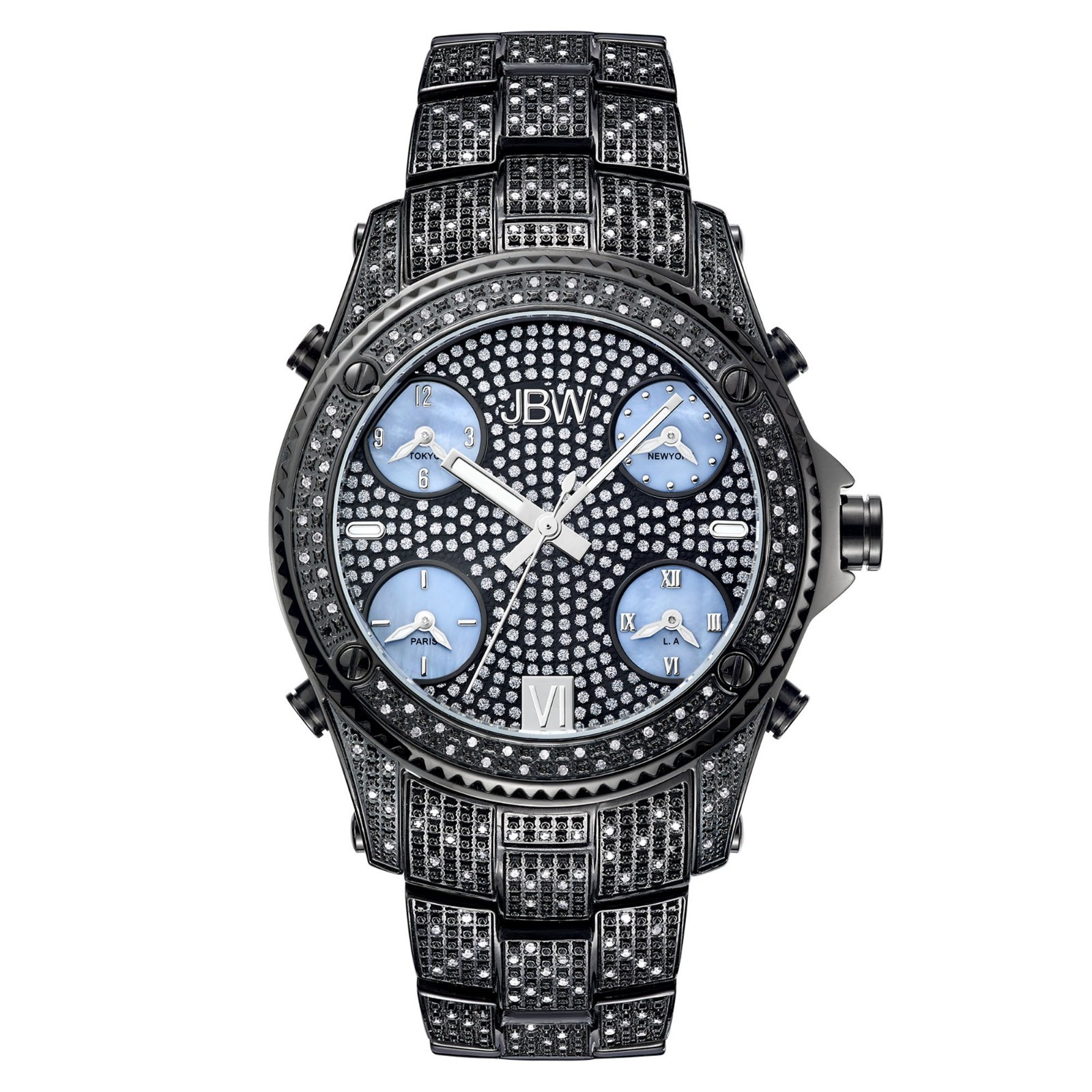 🏷JBW Jet Setter 234 Diamond & Crystal 50mm Watch Black Multiple Time-Zone