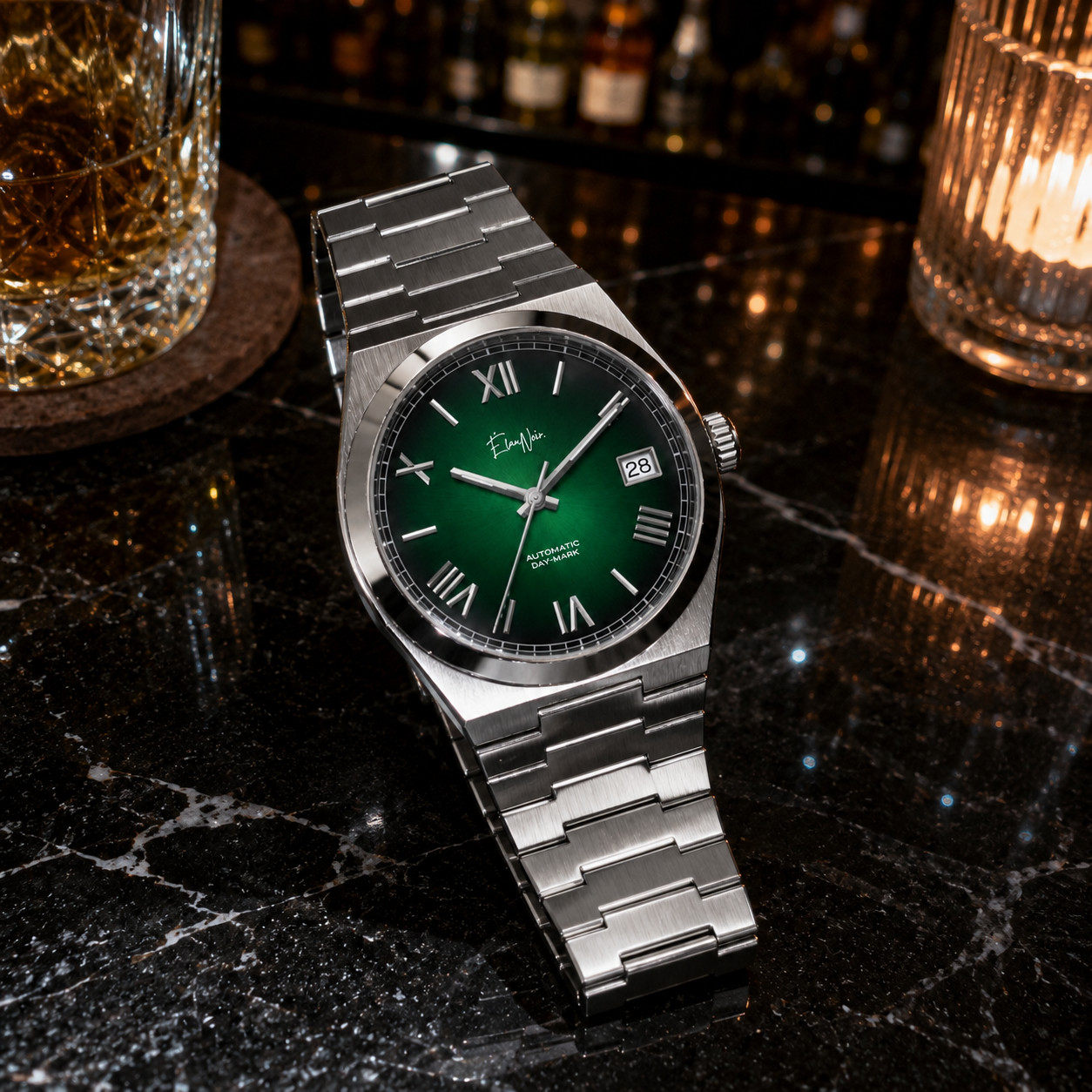 Custom Élan Noir Série I Silver/Emerald 39mm Auto NH35 Sapphire Steel Watch
