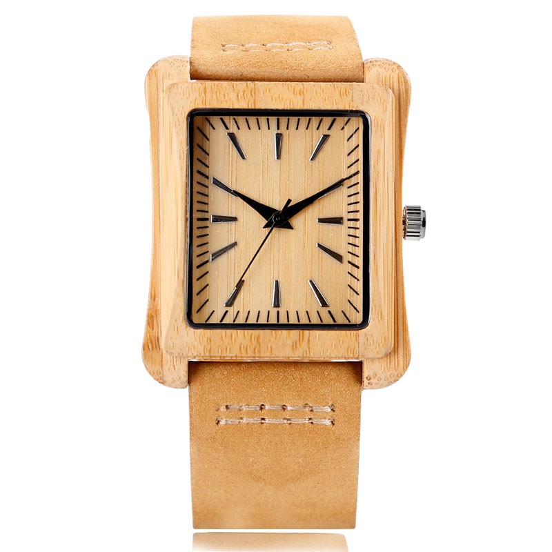 Natural Wooden Watch Handmade Wood Soft Leather Strap Bamboo Quartz Watches Gift