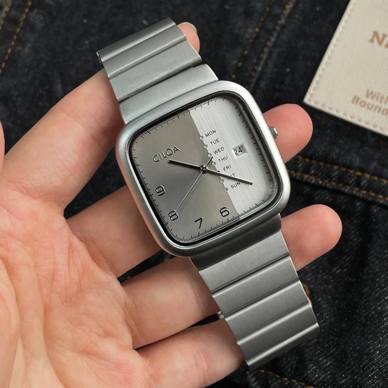 Men’s Square Quartz Watch Large Dial Stainless Steel Waterproof Wristwatch Gift