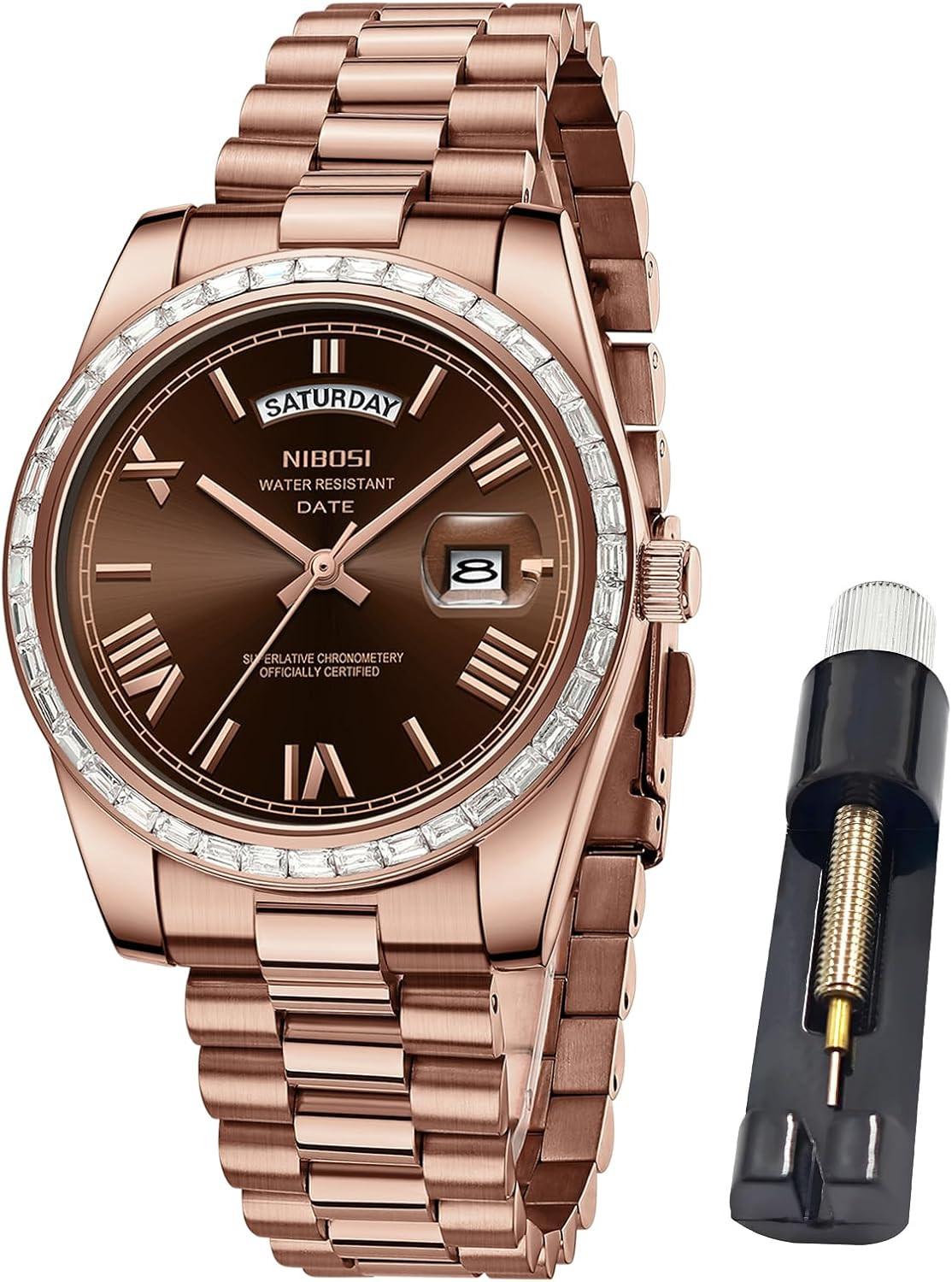 Men’S Watches Analog Quartz Diamond Bezel Stainless Steel Dial Rose Gold Silver