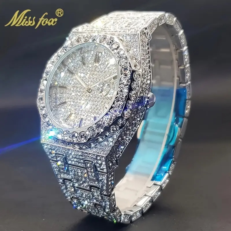 Luxury Hip Hop Ice out Men’s Watch Iced King Bling Cz Diamond Silver Waterproof