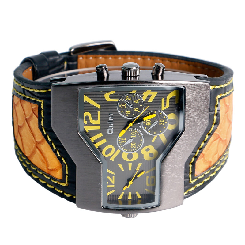 Oulm Men’s Sports Military Dual Time Zone Dial Yellow Leather Quartz Wrist Watch