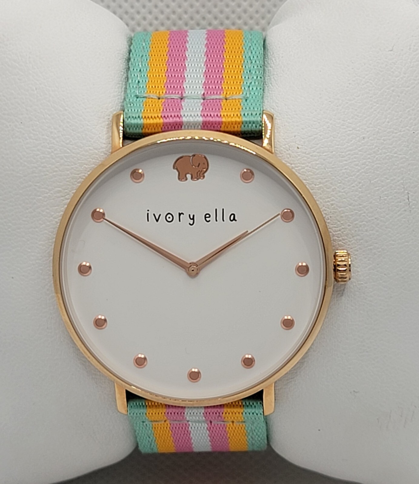 Ladies Ivory Ella Rose Gold Tone Multicolor Stripes Nylon Band Analog Watch F9