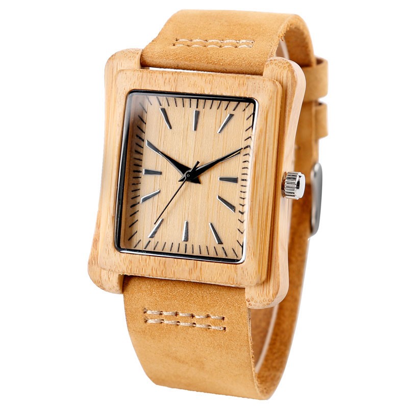 Natural Wooden Watch Handmade Wood Soft Leather Strap Bamboo Quartz Watches Gift