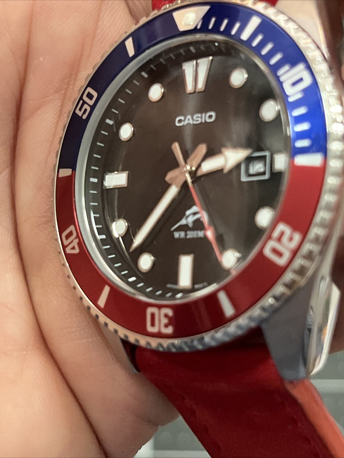 Casio MDV-106 Pepsi Bezel Quartz Watch Large Men’s 22mm Red Suede Band