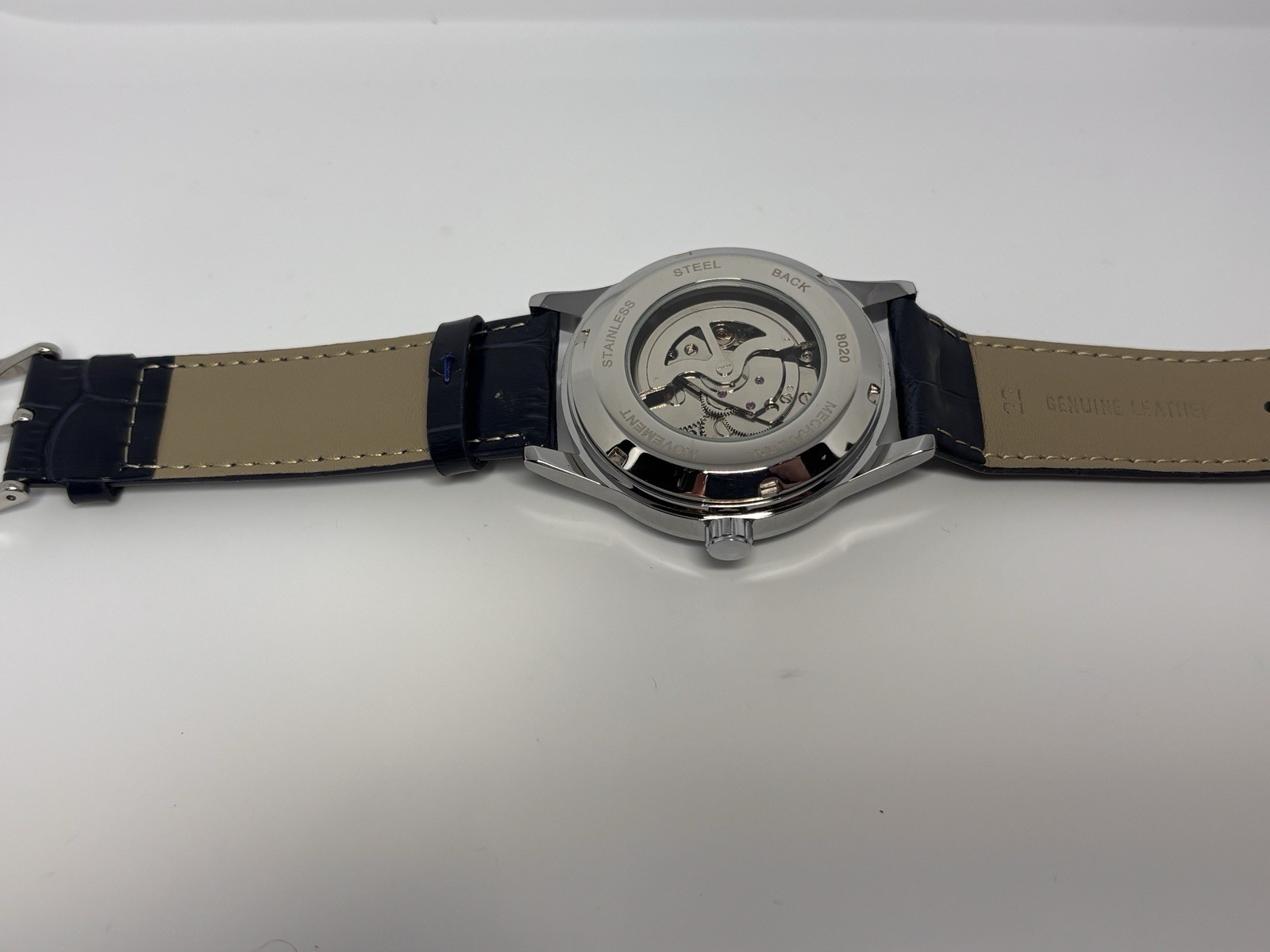Longlux Automatic Skeleton Dial Roman Numerals Blue Leather Strap SS Watch