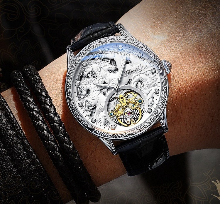 CHENXI Men’s Eight Fine Horses 3D Relief Tourbillon Automatic Mechanical Watch