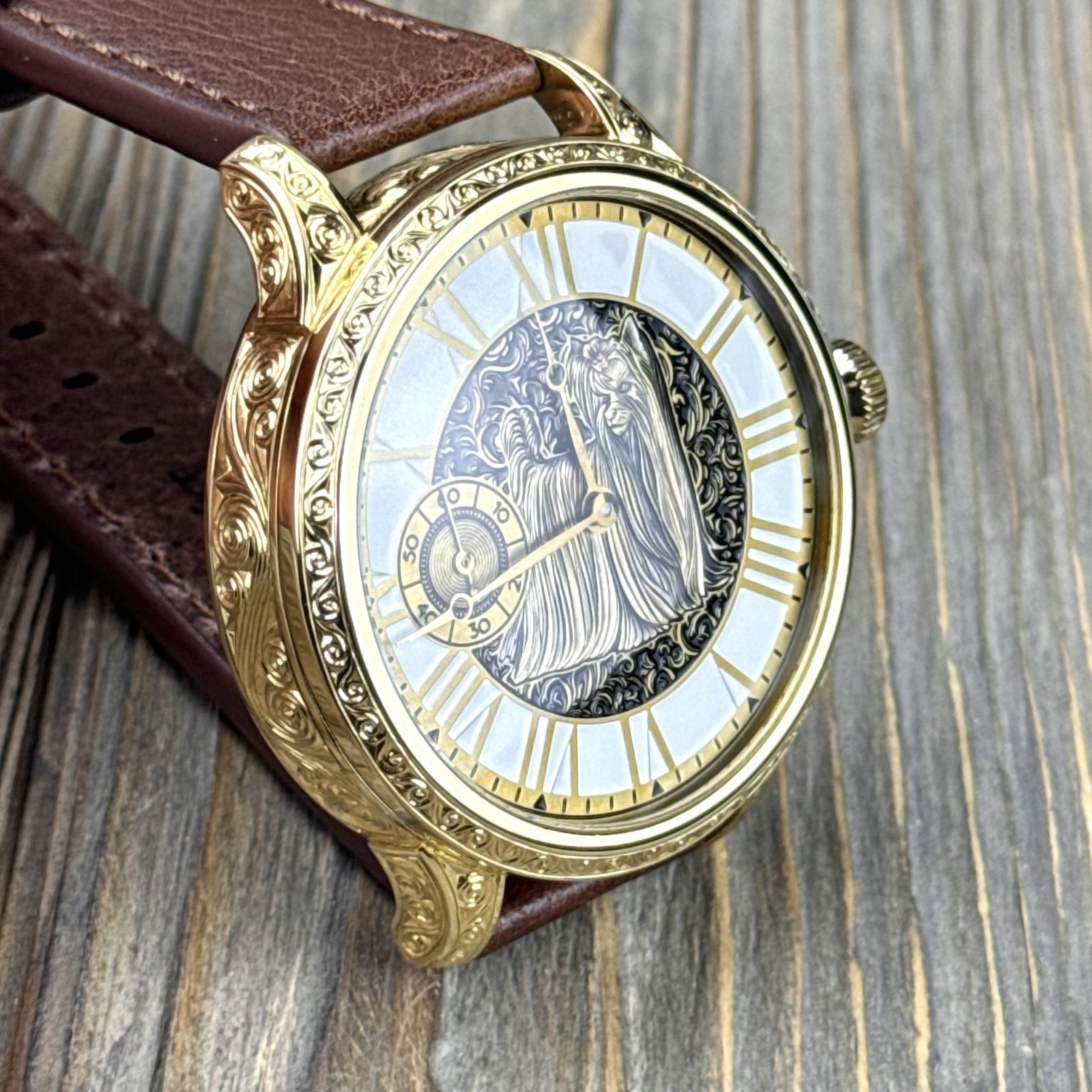 Marriage Watch – Swiss Vintage Movement 49mm, Hand Engraved Custom Gold Dial Dog