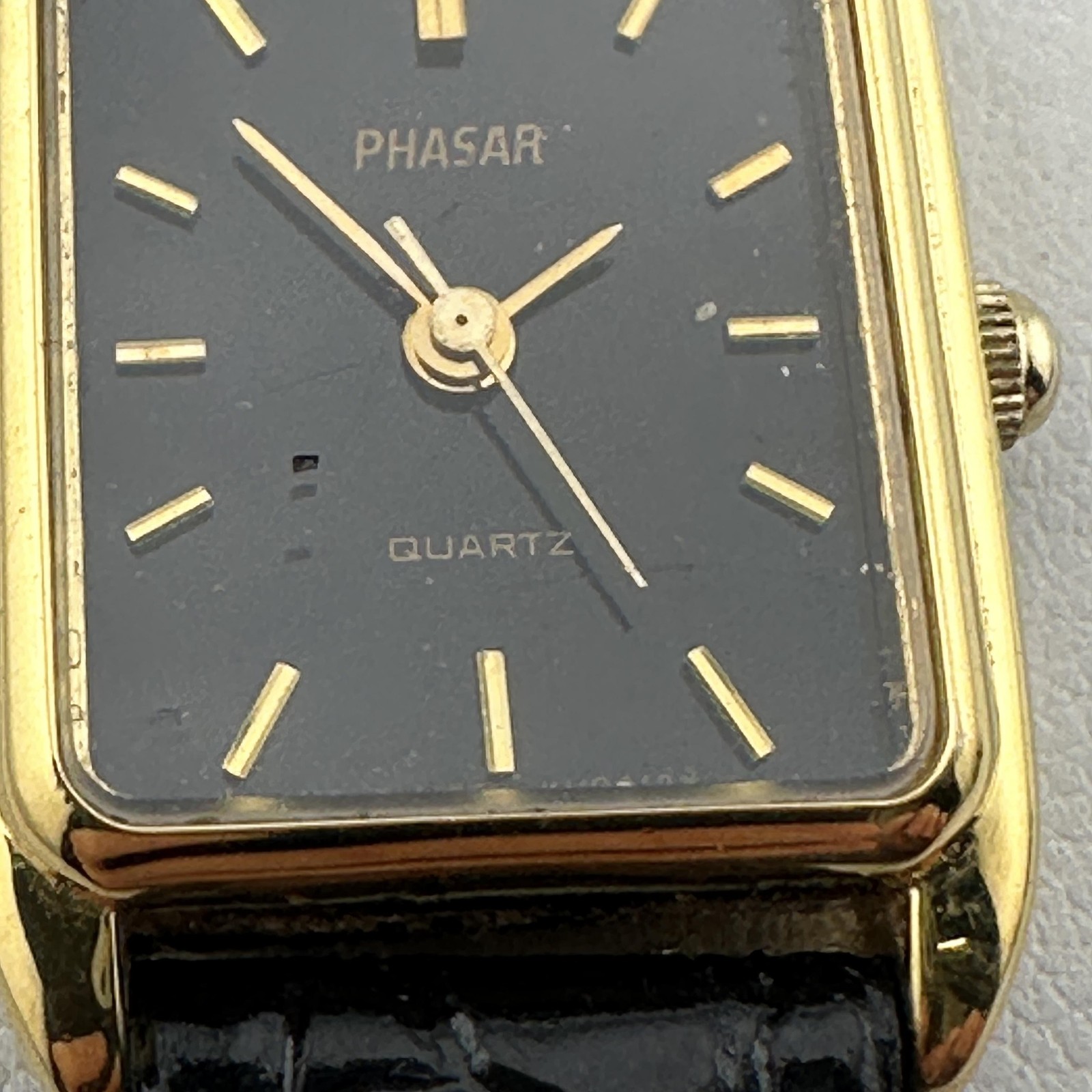 Vintage Phasar Watch Womens Rectangular Gold Tone Black Dial Quartz Japan Strap