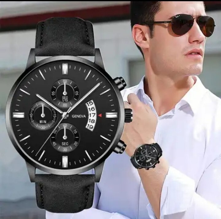 Fashion Sport Men’s Stainless Steel Case Leather Band Quartz Analog Wrist Watch