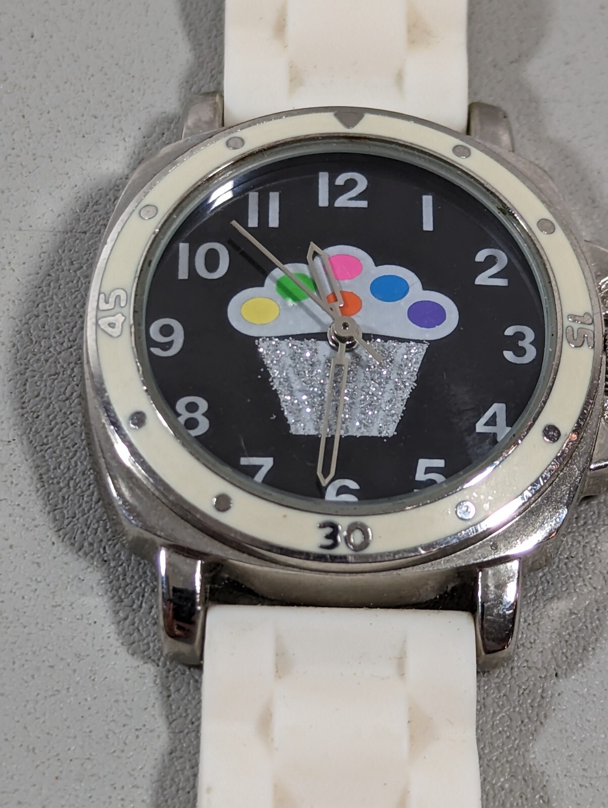 Sophie Rainbow Cupcake Dial Round Silver Tone Case White Silicone Band Watch